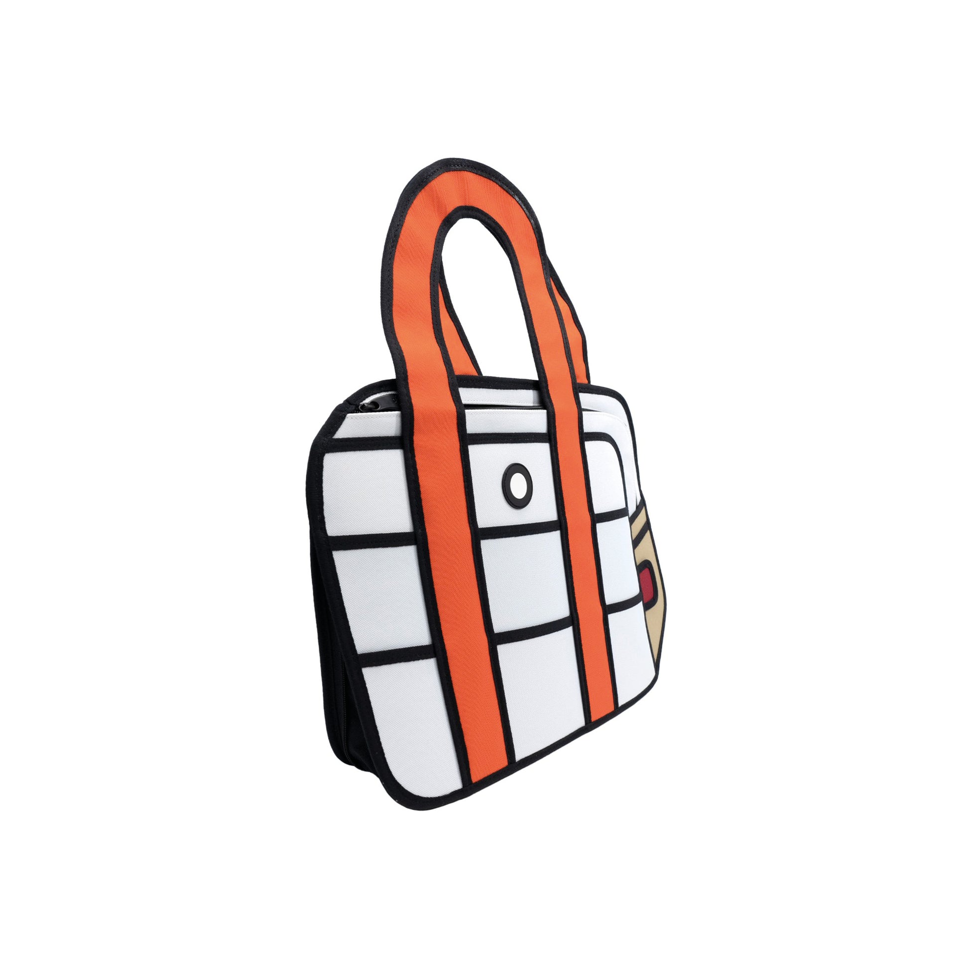 JumpFromPaper Hola White handbag with cartoon-inspired 2D illusion design white body and orange handles