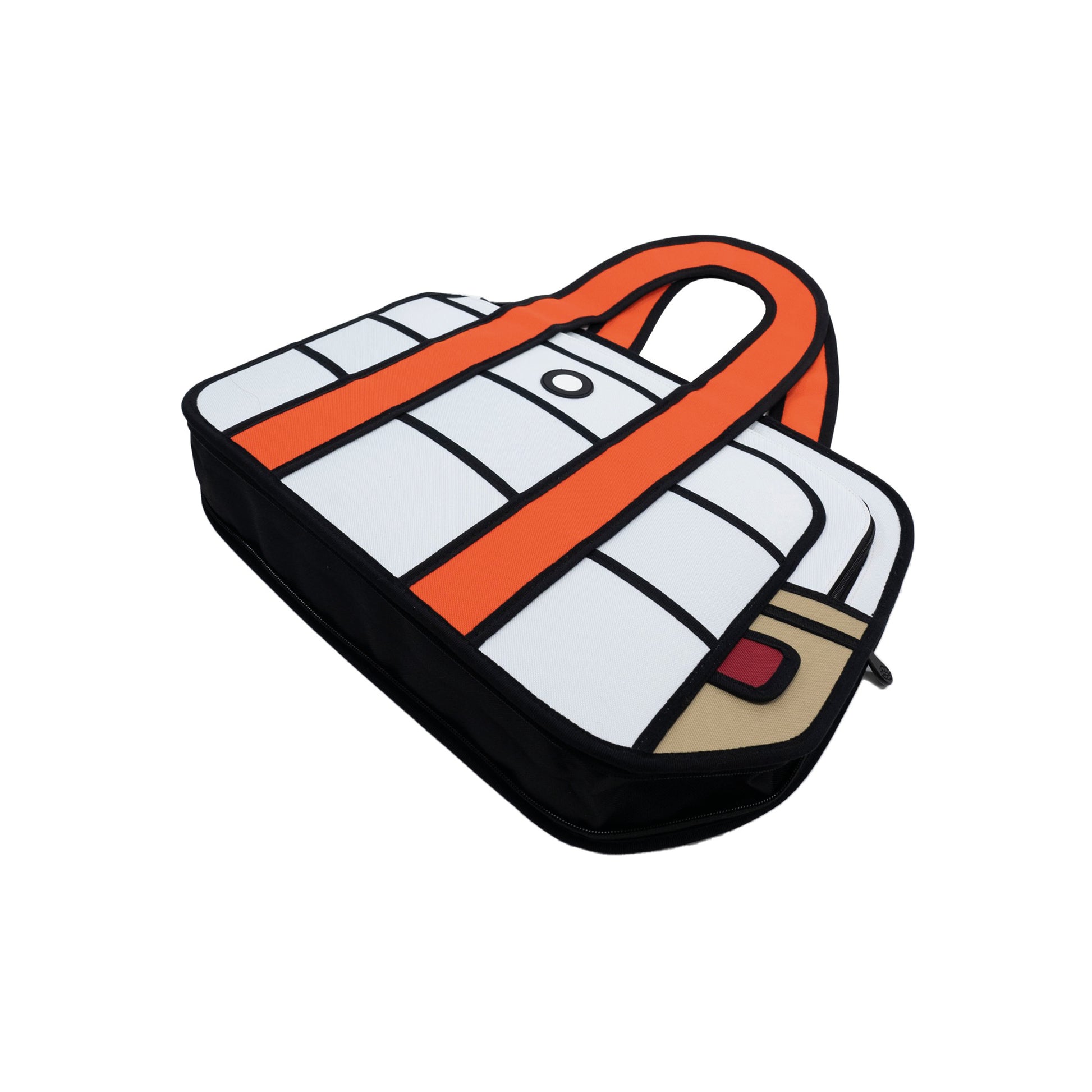 JumpFromPaper Hola White handbag with cartoon-inspired 2D illusion design white body and orange handles
