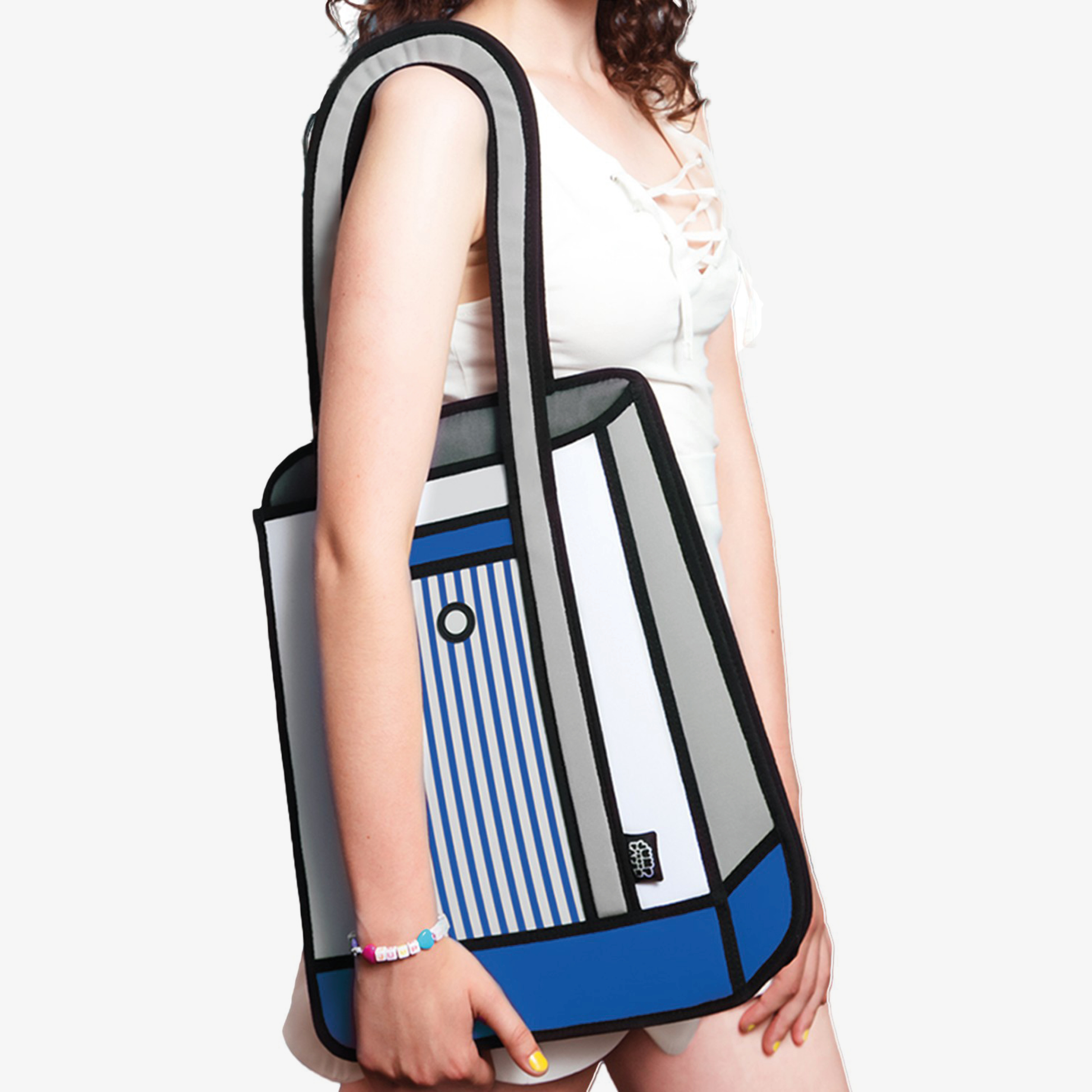 JumpFromPaper Stripe Tote Blue tote bag with cartoon-inspired 2D illusion design blue striped details and shoulder handles