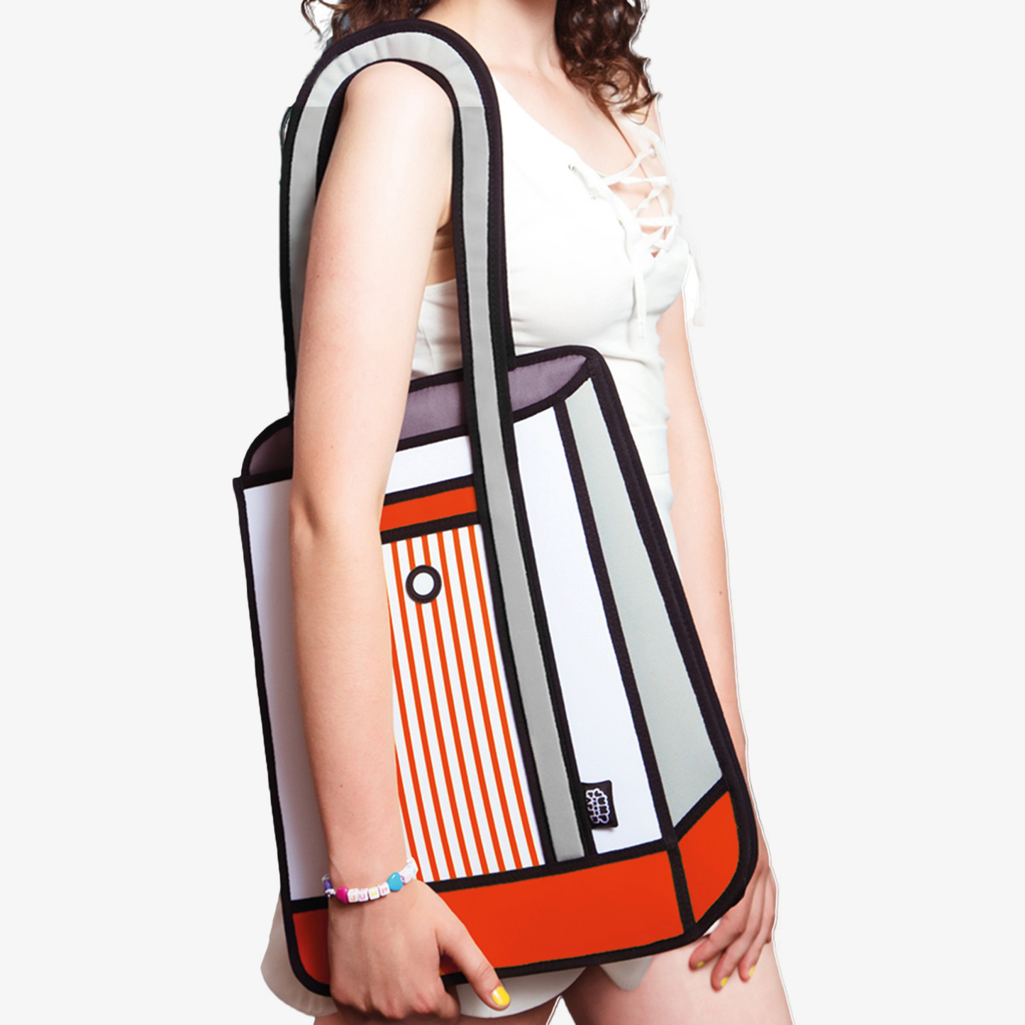 JumpFromPaper Stripe Tote Red tote bag with cartoon-inspired 2D illusion design striped details and shoulder handles