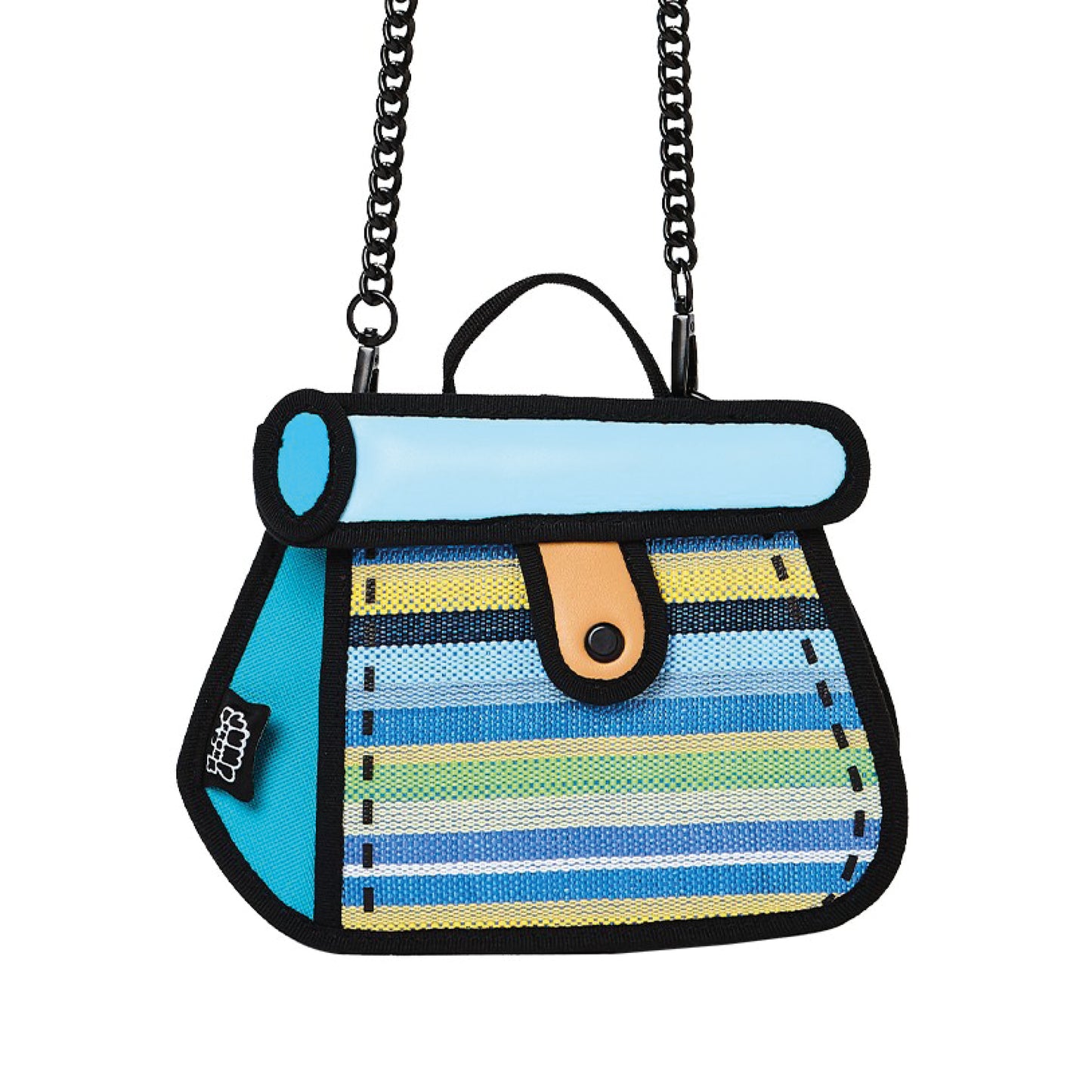 JumpFromPaper Cake Green Stripe crossbody bag with cartoon-inspired 2D illusion design and colorful striped pattern