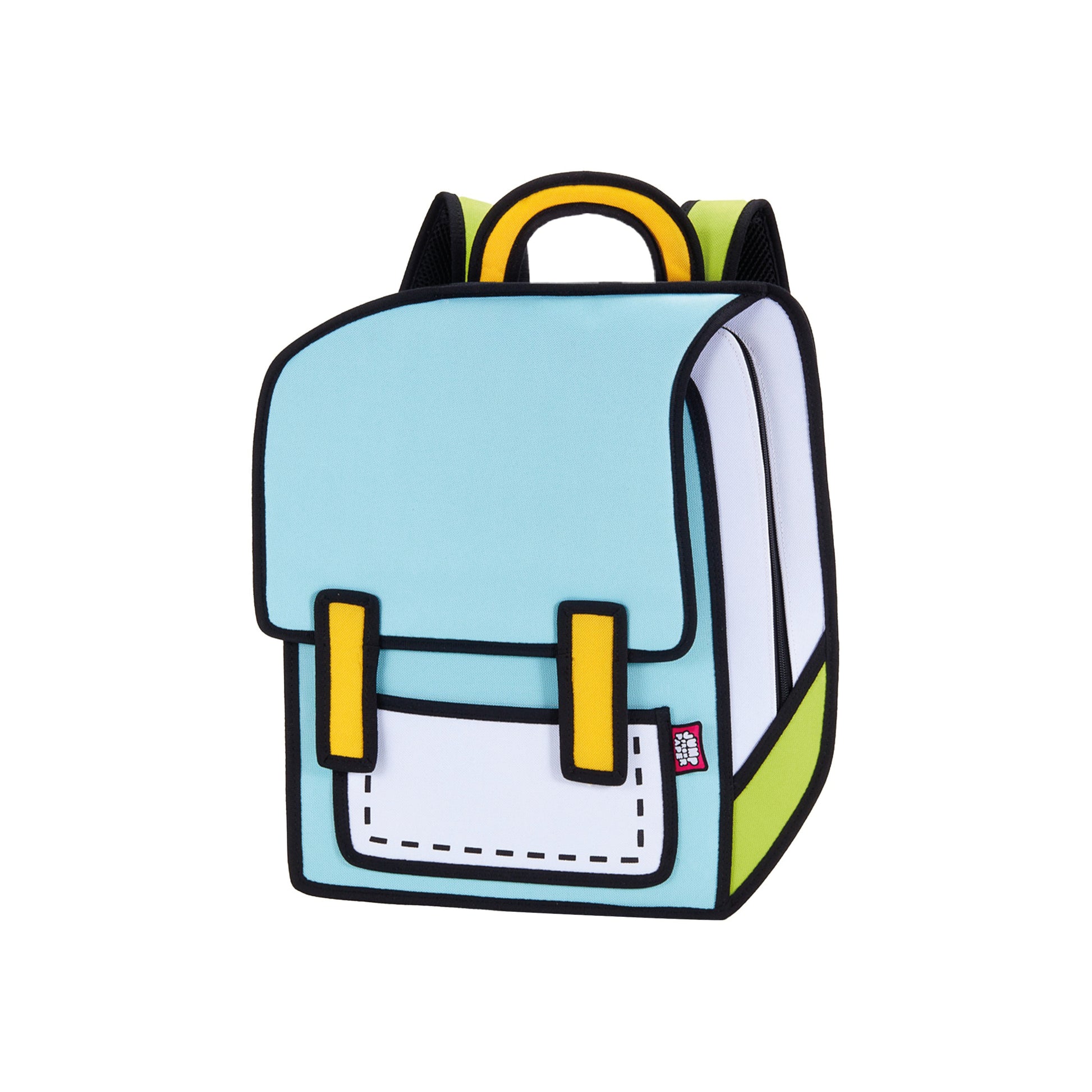 JumpFromPaper Spaceman 'Fluorescent Green' – blue and green 2D illusion cartoon backpack with spaceman-inspired design, front view
