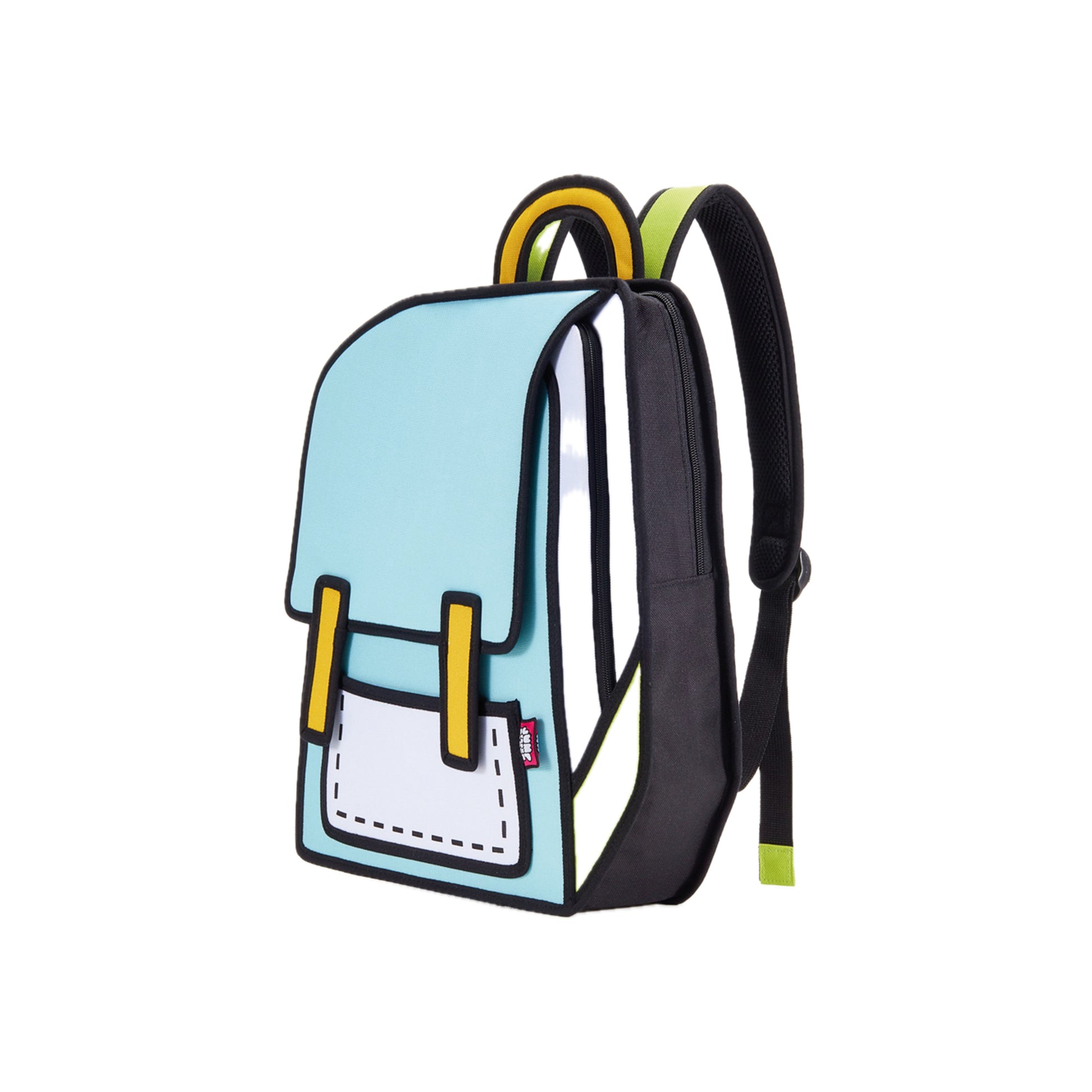 JumpFromPaper Spaceman 'Fluorescent Green' – blue and green 2D illusion cartoon backpack with spaceman-inspired design, front view