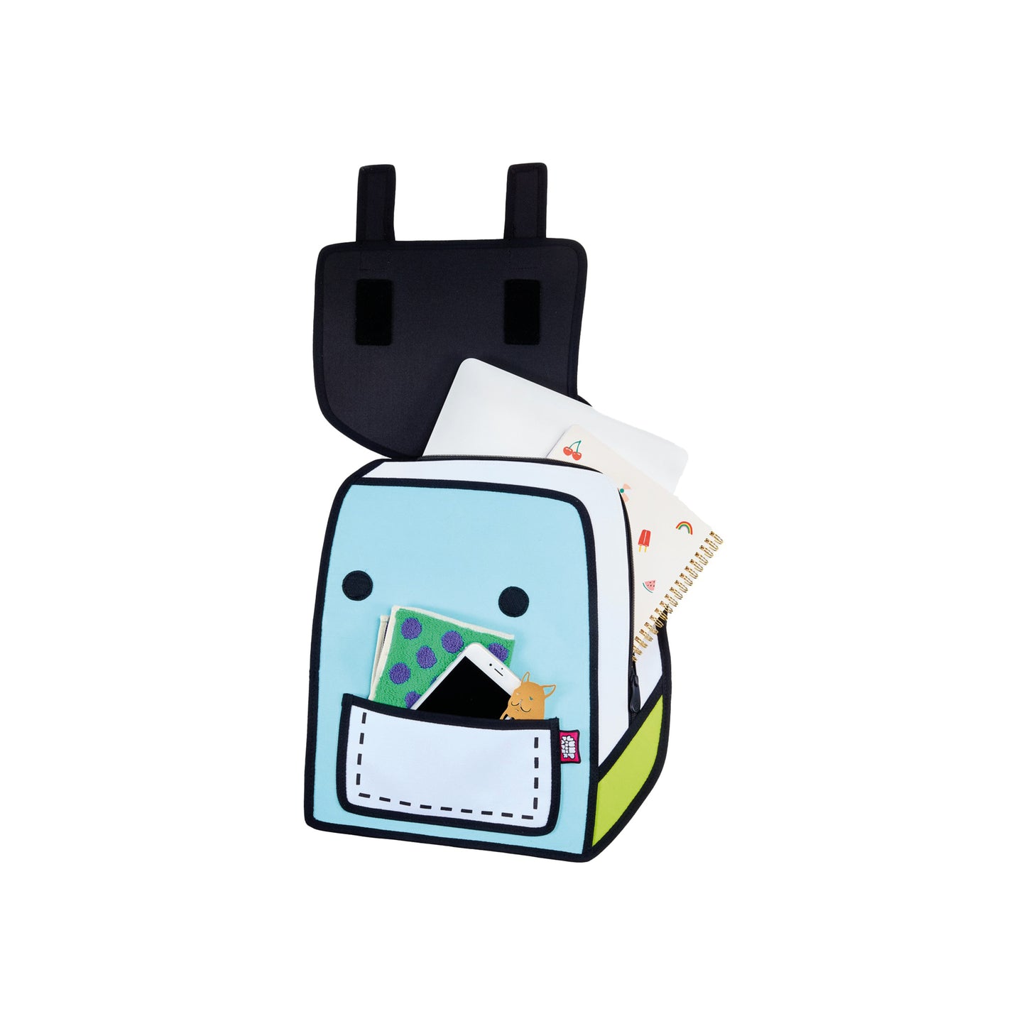 JumpFromPaper Spaceman 'Fluorescent Green' – blue and green 2D illusion cartoon backpack with spaceman-inspired design, front view