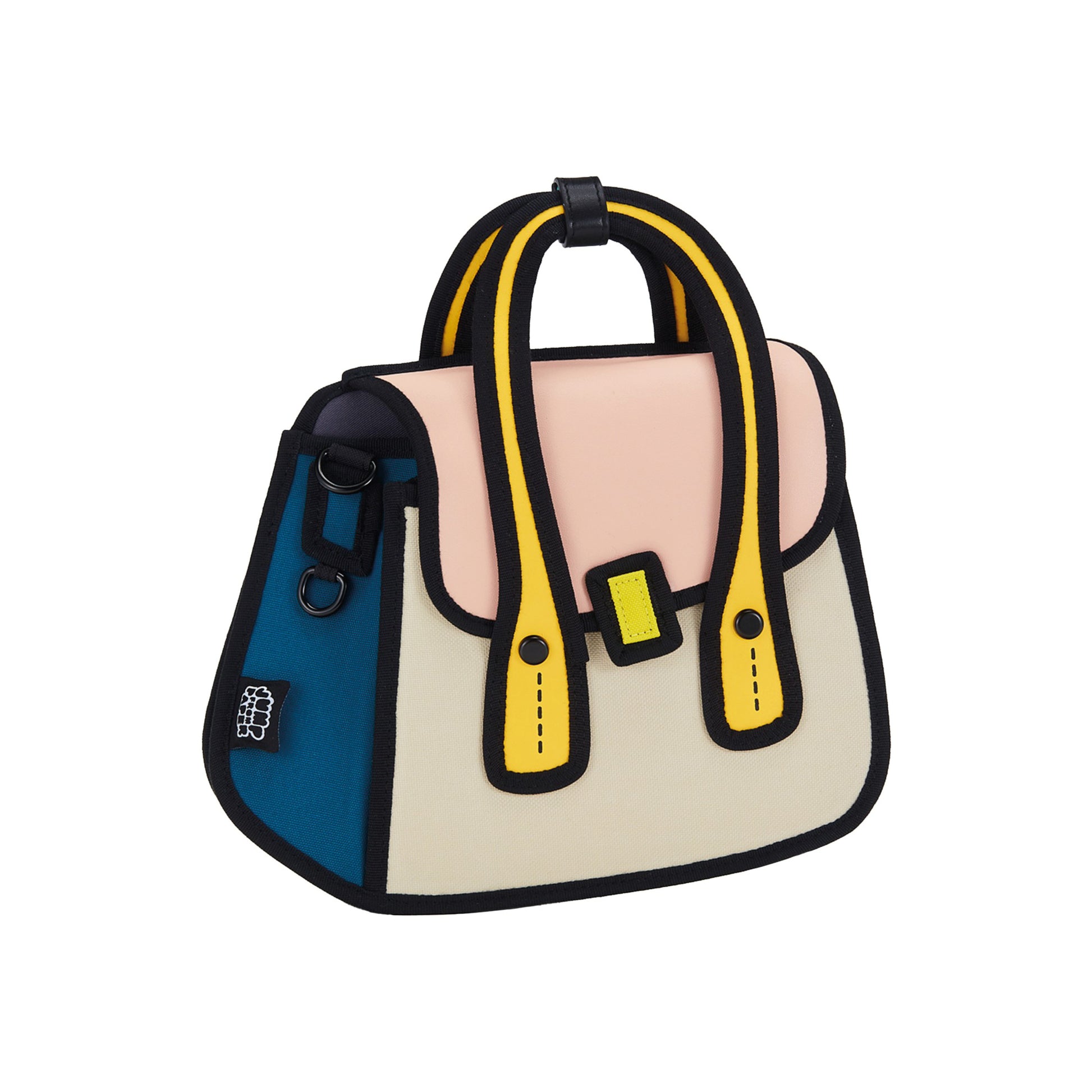 JumpFromPaper Owl Bag 'Beige' – beige 2D illusion cartoon-style mini bag with top handles and playful design, front view