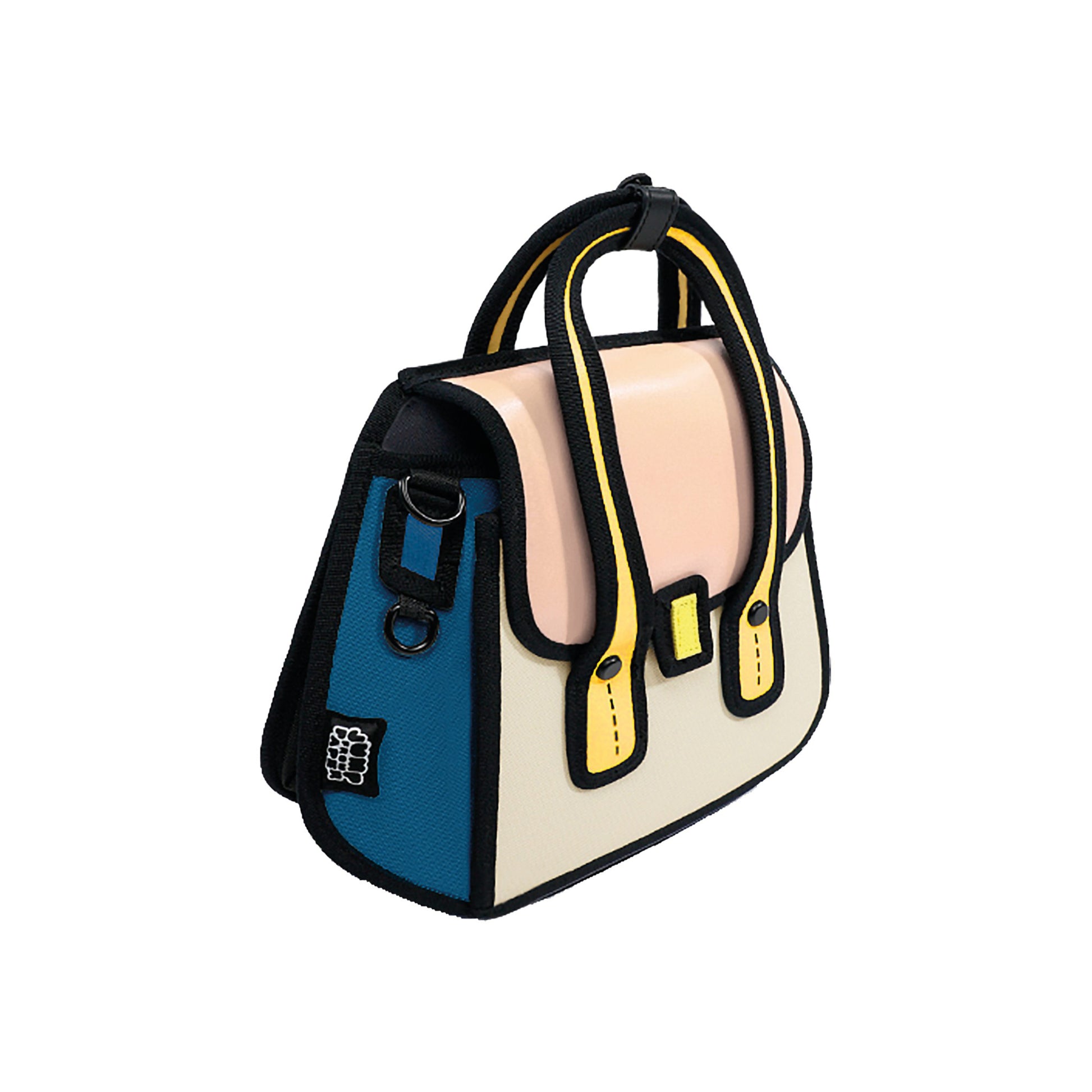 JumpFromPaper Owl Bag 'Beige' – beige 2D illusion cartoon-style mini bag with top handles and playful design, front view