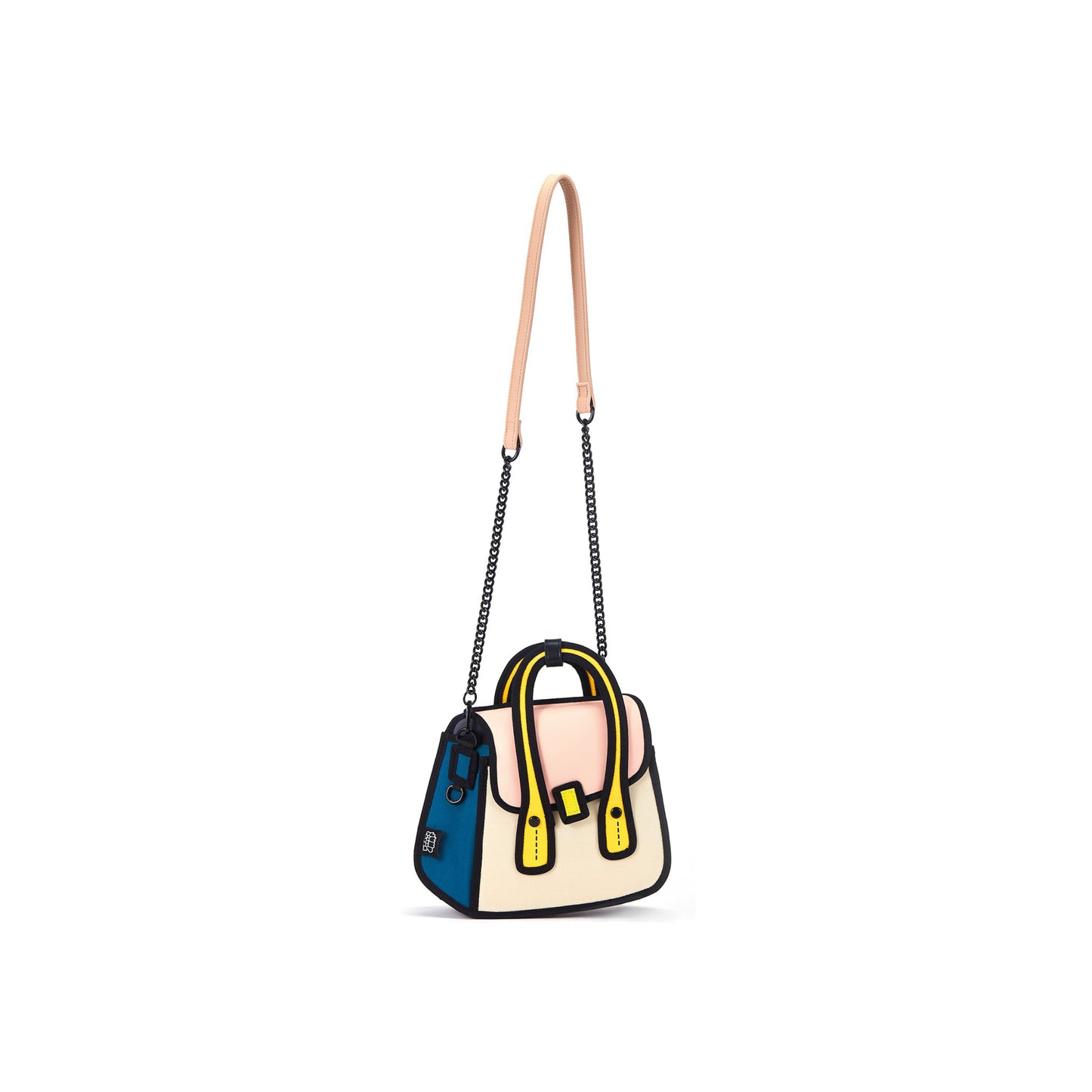 JumpFromPaper Owl Bag 'Beige' – beige 2D illusion cartoon-style mini bag with top handles and playful design, front view