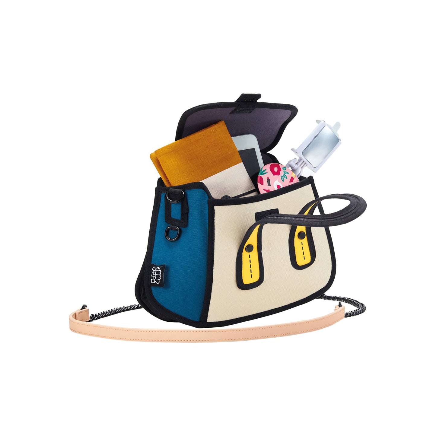 JumpFromPaper Owl Bag 'Beige' – beige 2D illusion cartoon-style mini bag with top handles and playful design, front view