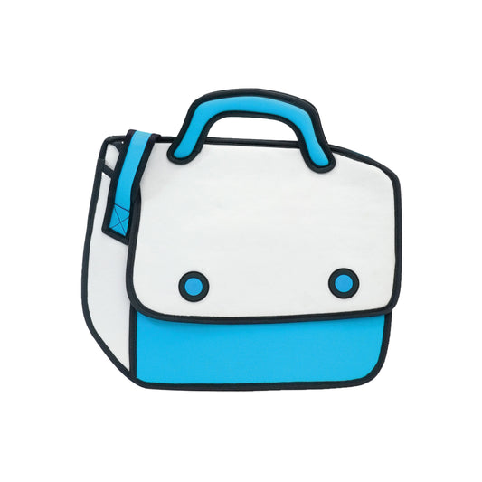 JumpFromPaper Play Hookey Blue handbag with cartoon-inspired 2D illusion design blue accents top handle and shoulder strap