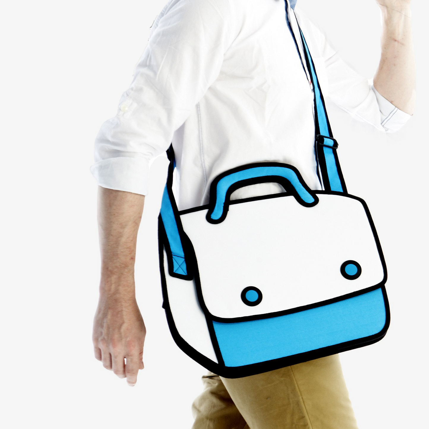 JumpFromPaper Play Hookey Blue handbag with cartoon-inspired 2D illusion design blue accents top handle and shoulder strap
