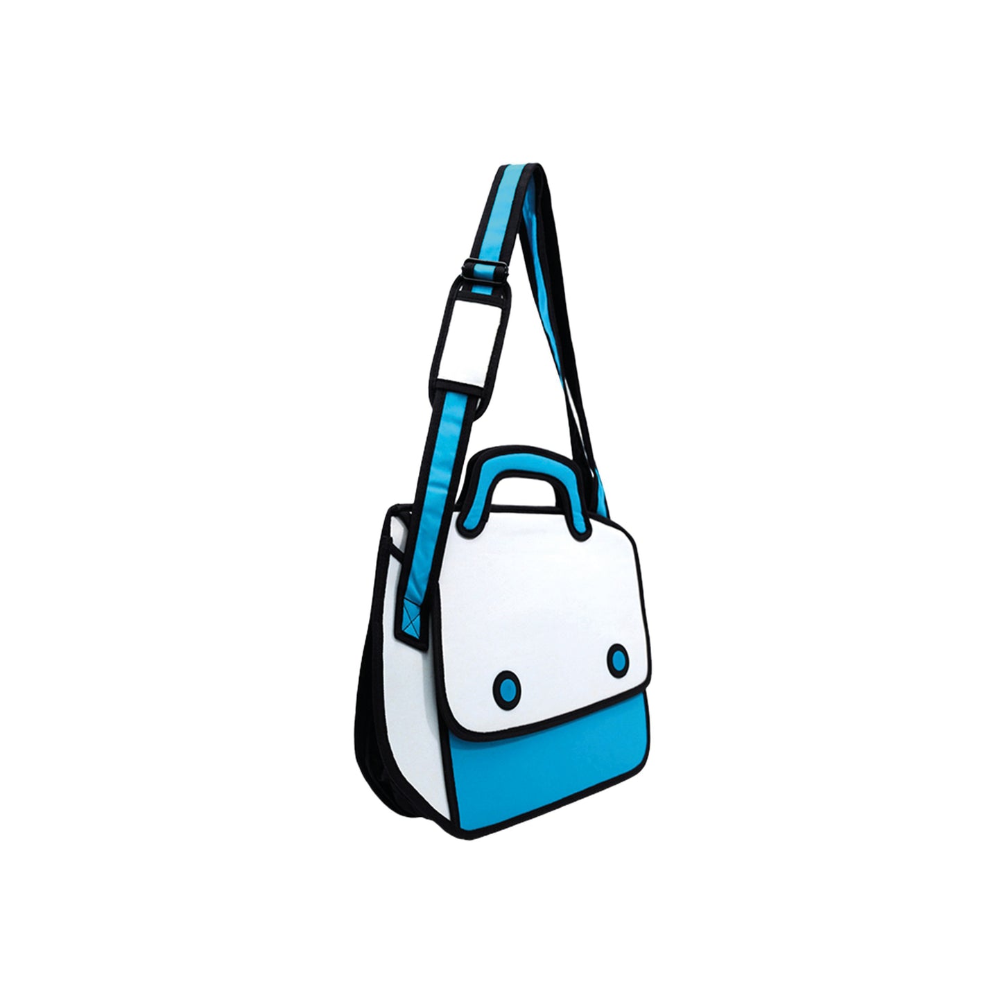 JumpFromPaper Play Hookey Blue handbag with cartoon-inspired 2D illusion design blue accents top handle and shoulder strap