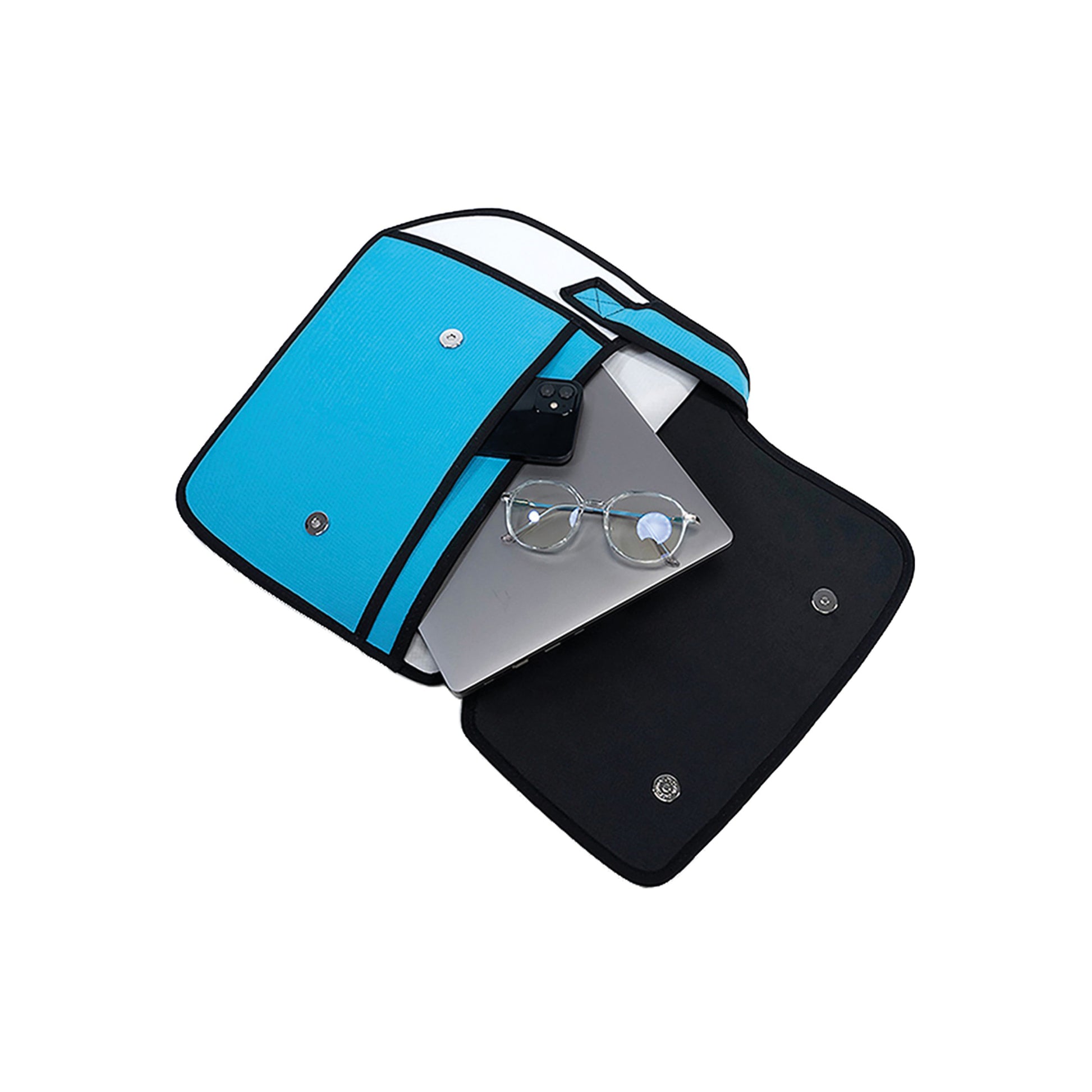 JumpFromPaper Play Hookey Blue handbag with cartoon-inspired 2D illusion design blue accents top handle and shoulder strap