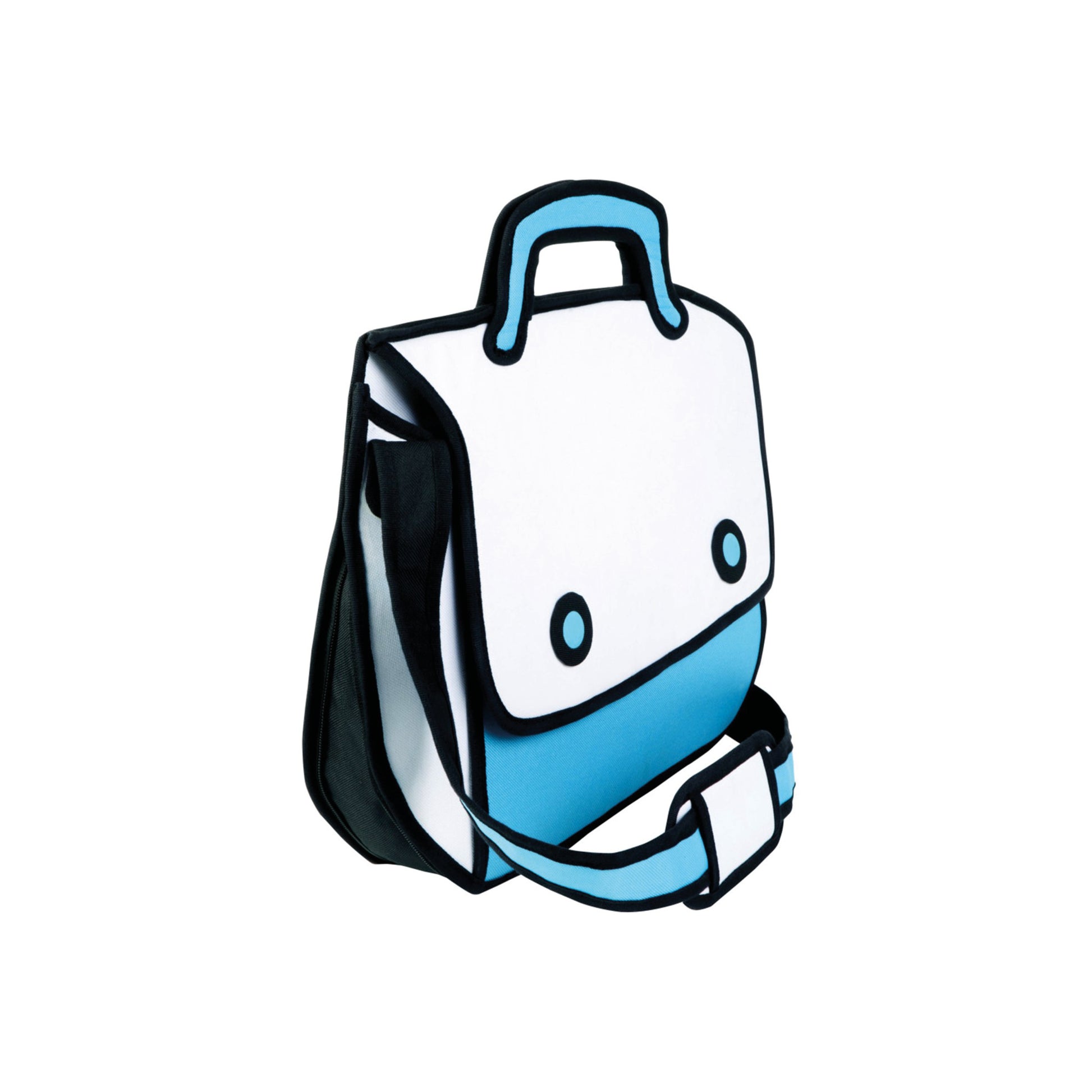 JumpFromPaper Play Hookey Blue handbag with cartoon-inspired 2D illusion design blue accents top handle and shoulder strap