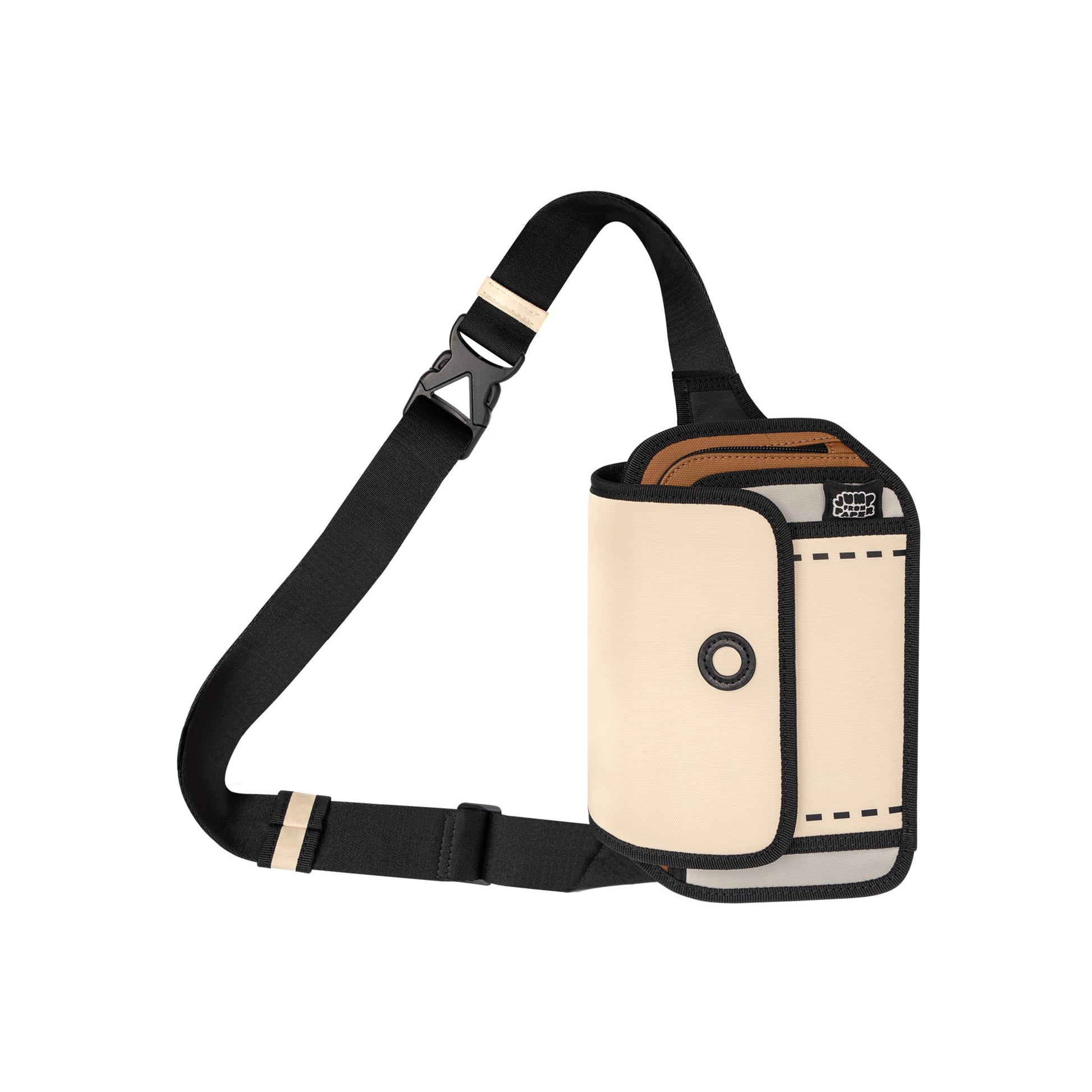 JumpFromPaper Sport Sling Bag 'Beige' – beige 2D illusion sling bag with flap closure and cartoon-style design, front view