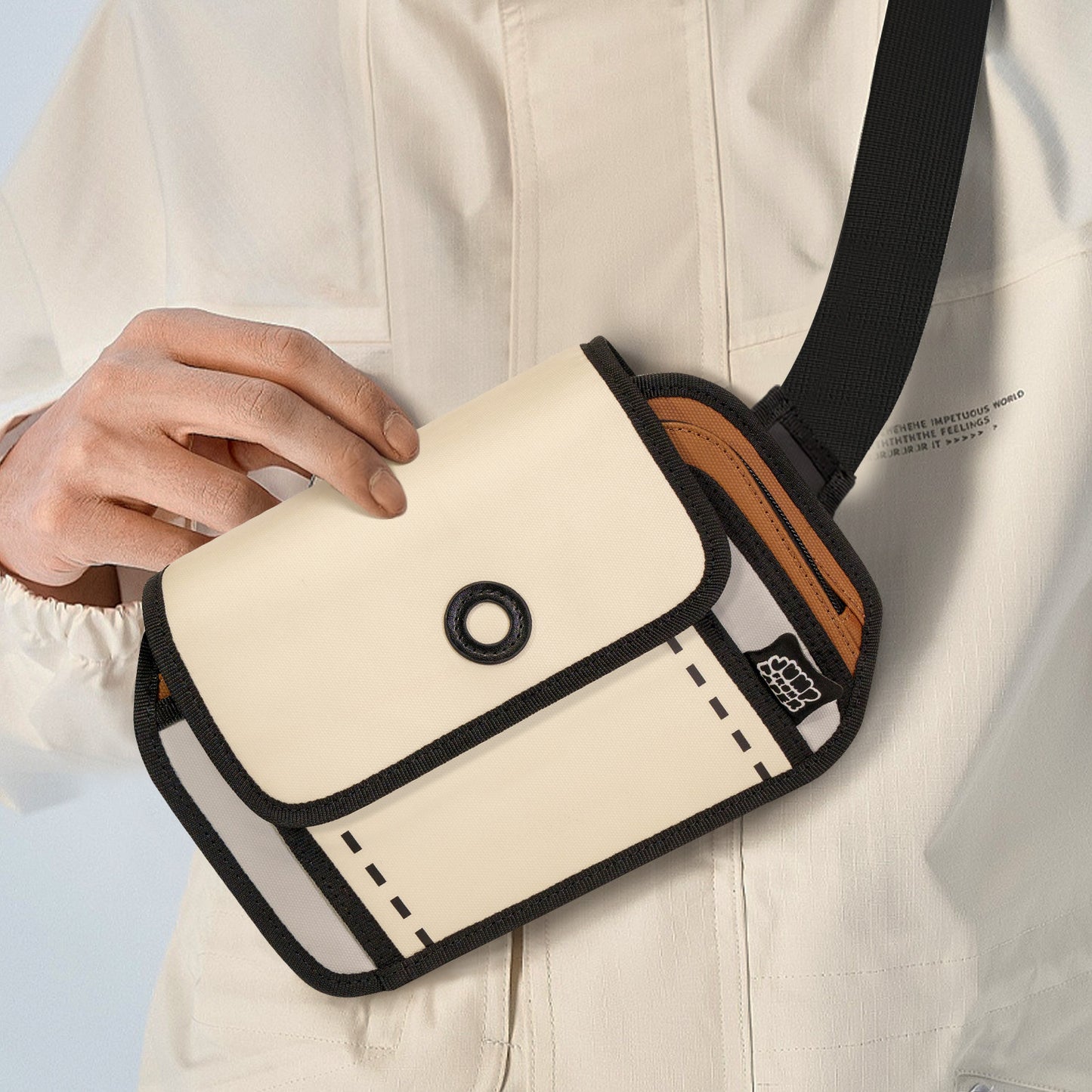 JumpFromPaper Sport Sling Bag 'Beige' – beige 2D illusion sling bag with flap closure and cartoon-style design, front view