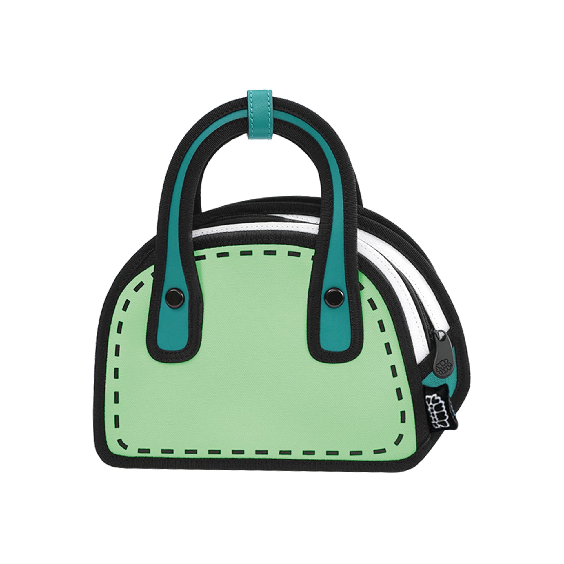 JumpFromPaper Carly Sweetie 'Mint Green' – mint green 2D illusion mini handbag with top handles and cartoon-style design, front view