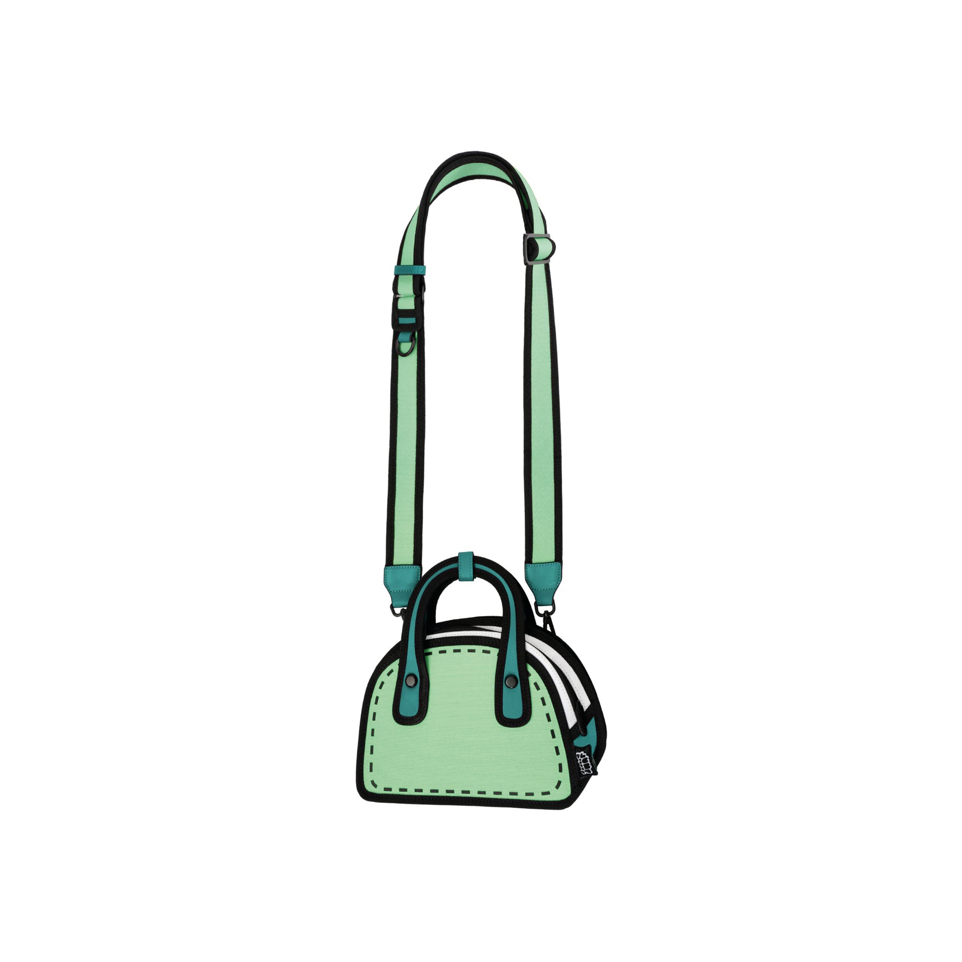 JumpFromPaper Carly Sweetie 'Mint Green' – mint green 2D illusion mini handbag with top handles and cartoon-style design, front view