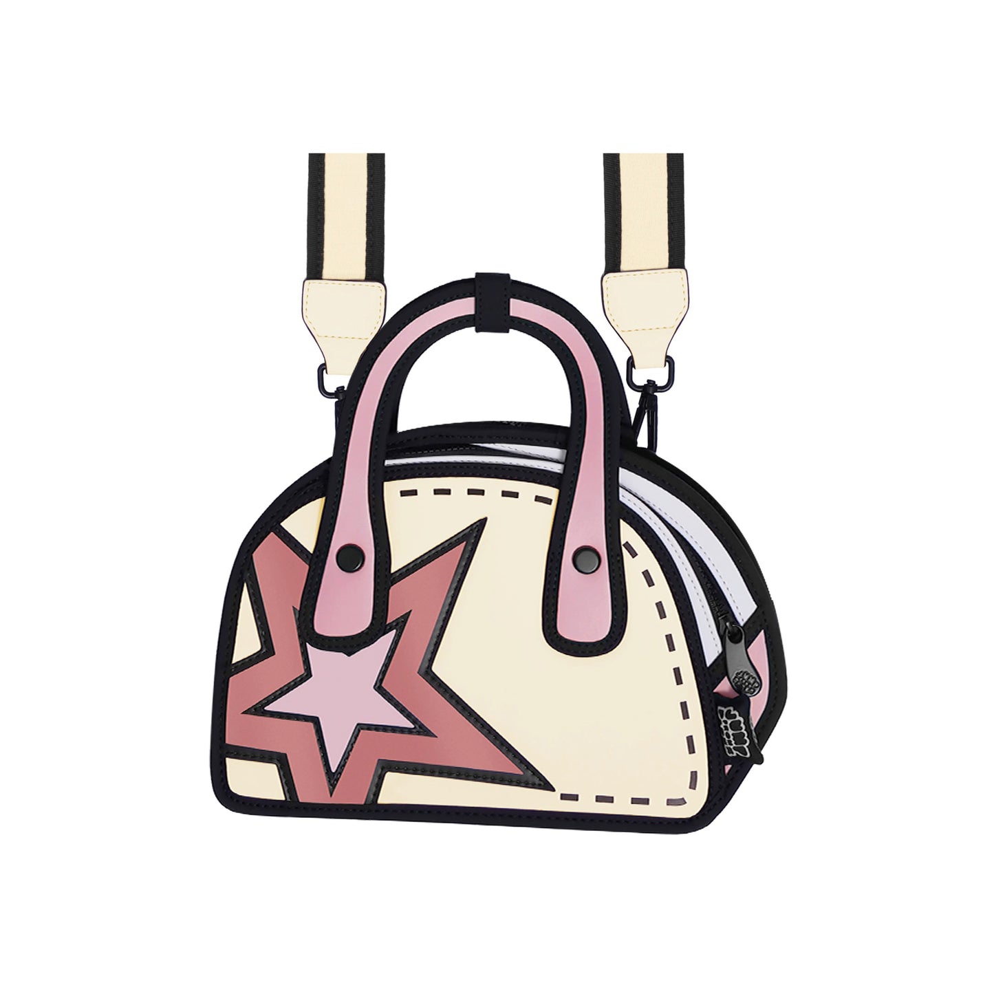 JumpFromPaper Carly Sweetie Star 'Cream Peach' – cream and peach 2D illusion handbag with star graphic, top handles, and shoulder strap, front view