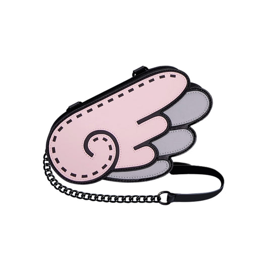 JumpFromPaper Cupid Cartoon Sling Bag Pink wing-shaped handbag with cartoon-inspired 2D illusion design and chain strap