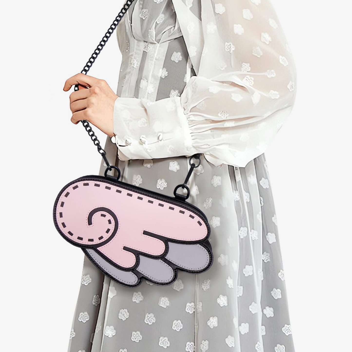 JumpFromPaper Cupid Cartoon Sling Bag Pink wing-shaped handbag with cartoon-inspired 2D illusion design and chain strap