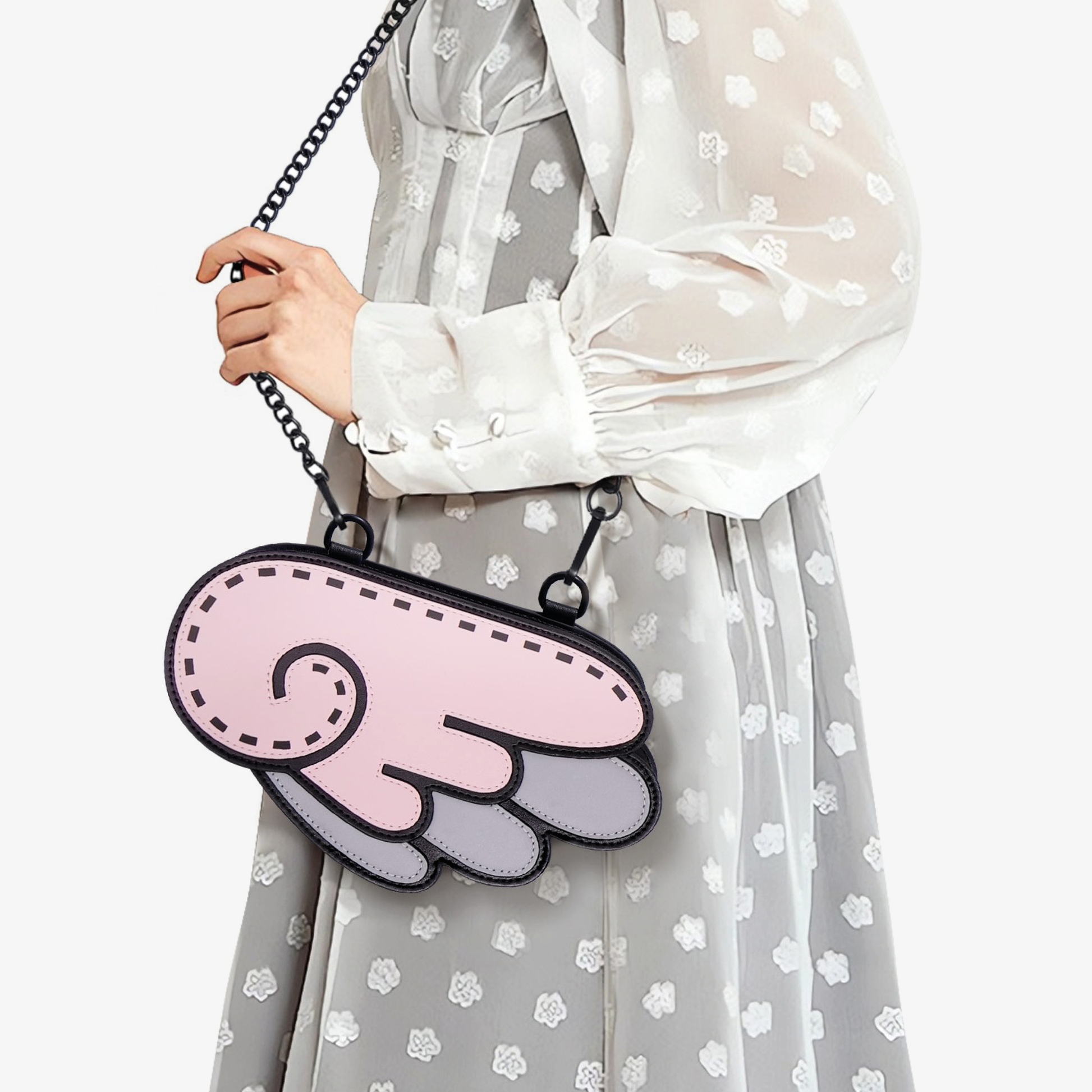 JumpFromPaper Cupid Cartoon Sling Bag Pink wing-shaped handbag with cartoon-inspired 2D illusion design and chain strap