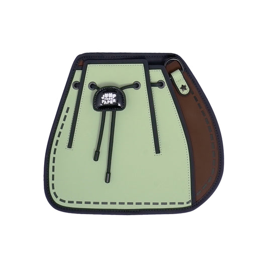 JumpFromPaper Dum Dum Bag Avocado green bucket bag with cartoon-inspired 2D illusion design and drawstring closure