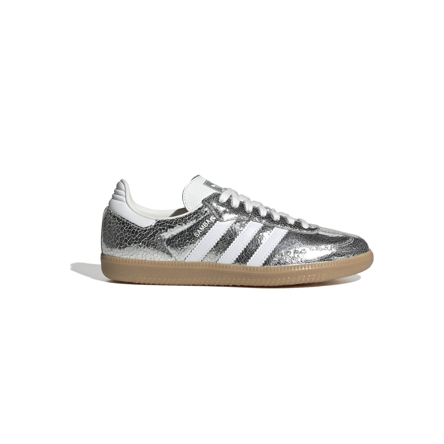 adidas Originals Samba OG Silver Metallic White womens sneaker metallic leather upper suede toe gum sole