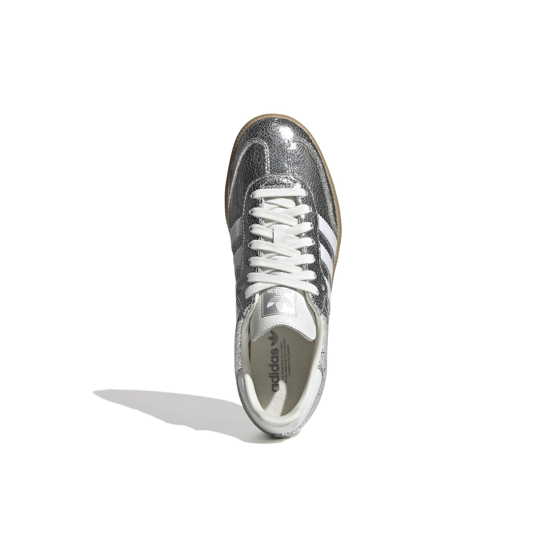 adidas Originals Samba OG Silver Metallic White womens sneaker metallic leather upper suede toe gum sole