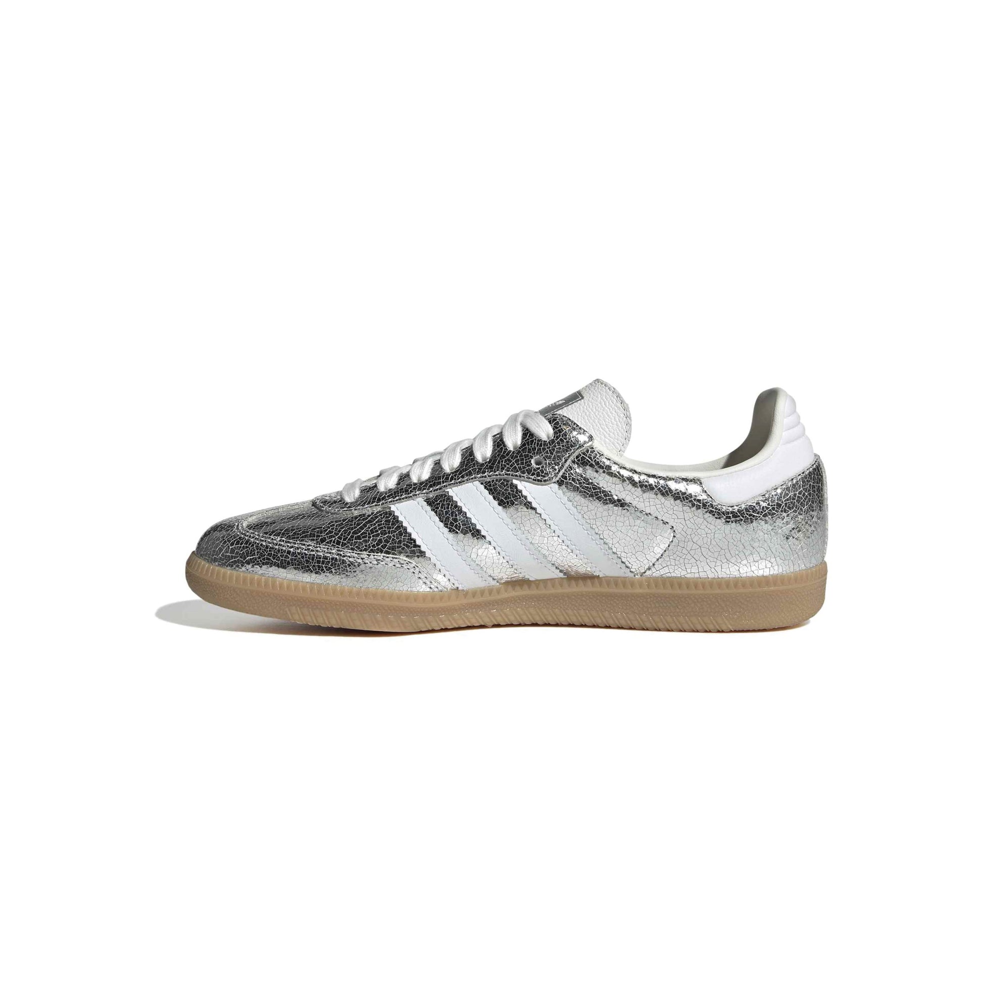 adidas Originals Samba OG Silver Metallic White womens sneaker metallic leather upper suede toe gum sole
