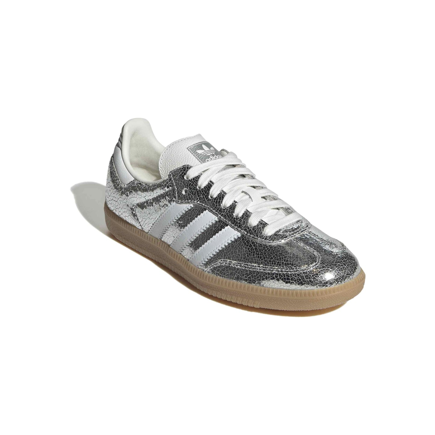 adidas Originals Samba OG Silver Metallic White womens sneaker metallic leather upper suede toe gum sole