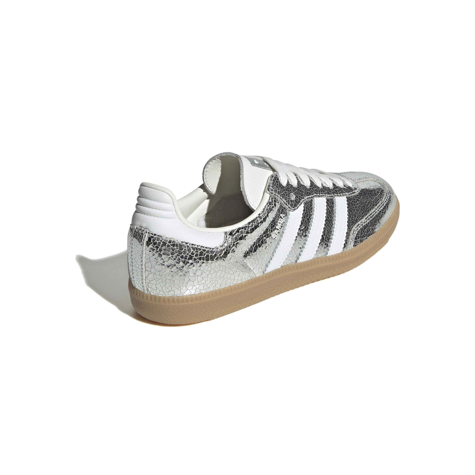 adidas Originals Samba OG Silver Metallic White womens sneaker metallic leather upper suede toe gum sole