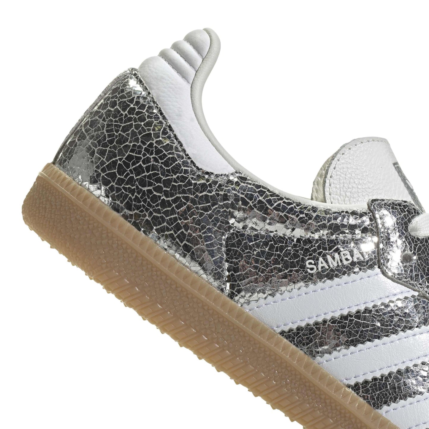 adidas Originals Samba OG Silver Metallic White womens sneaker metallic leather upper suede toe gum sole