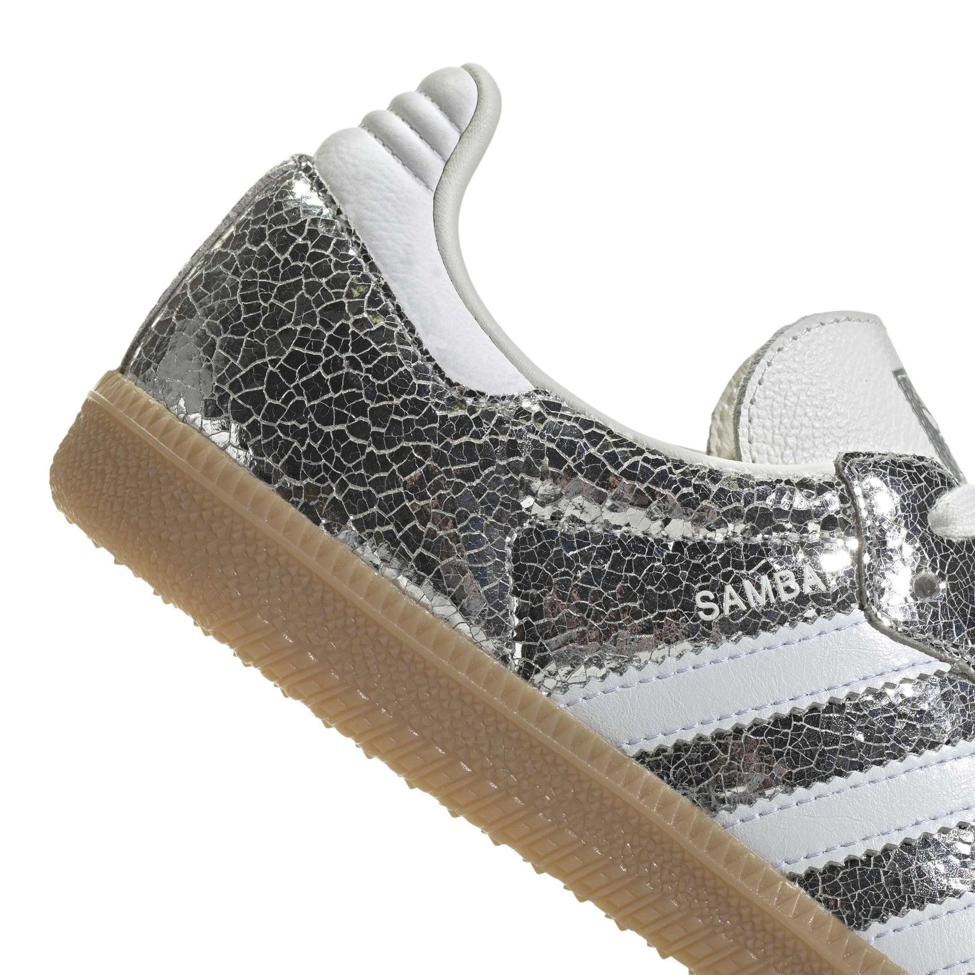 adidas Originals Samba OG Silver Metallic White womens sneaker metallic leather upper suede toe gum sole