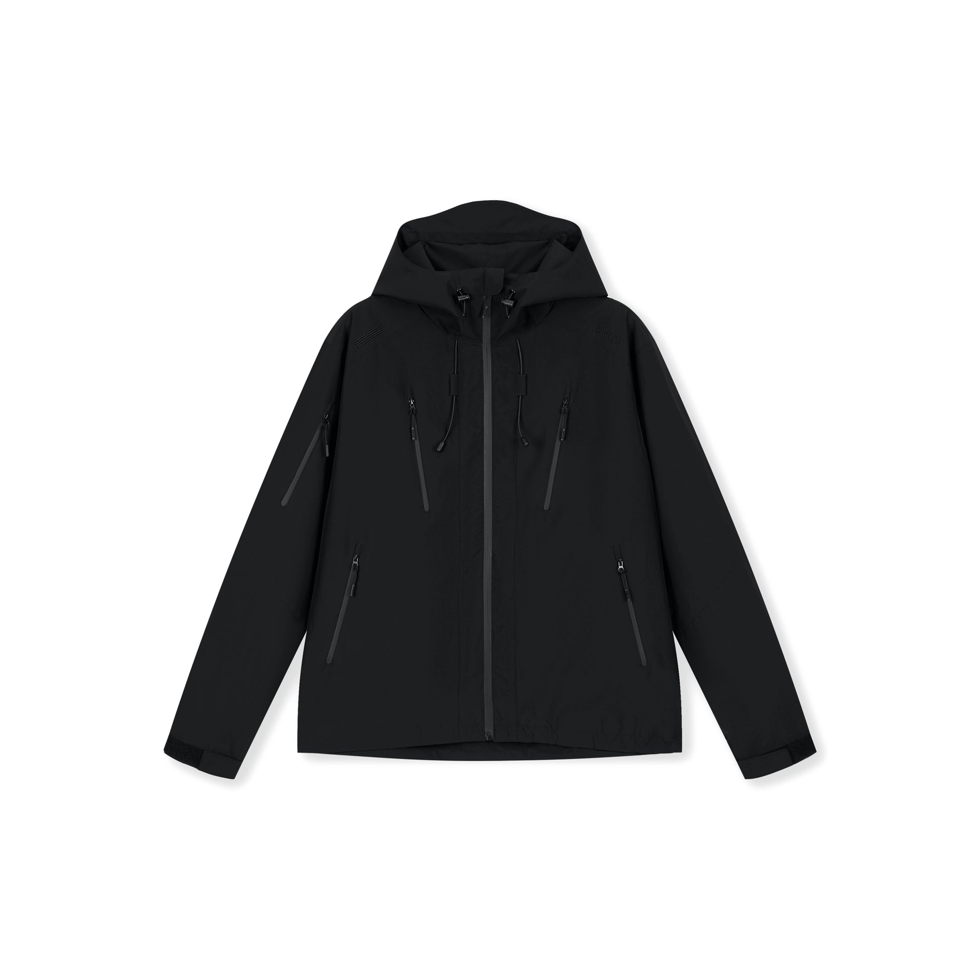 Boneless Triple-Proof Hooded Outdoor Jacket Black with full zip, hood, and multiple zip pockets