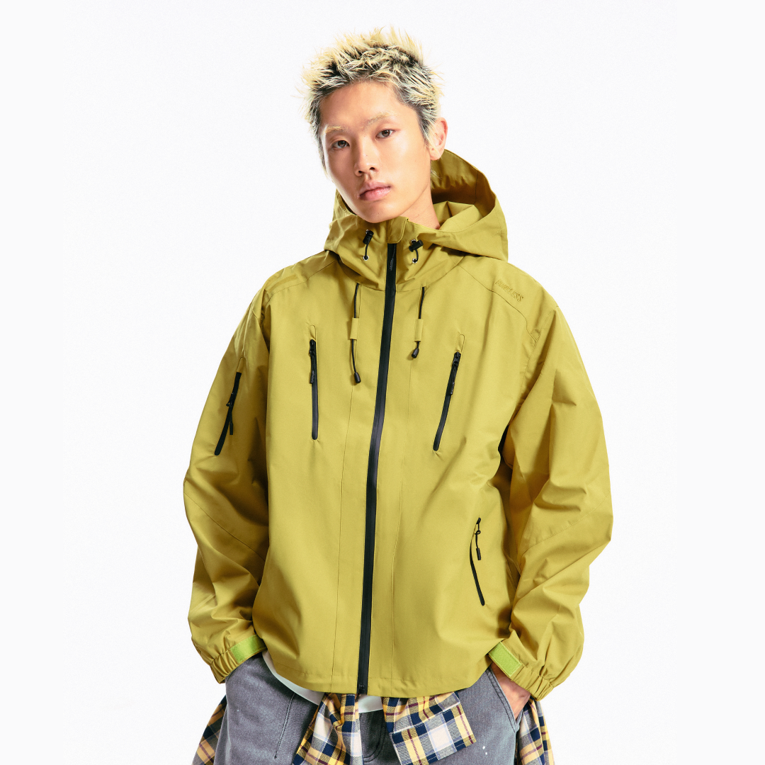 Boneless Triple-Proof Hooded Outdoor Jacket Yellow with full zip, hood, and multiple zip pockets