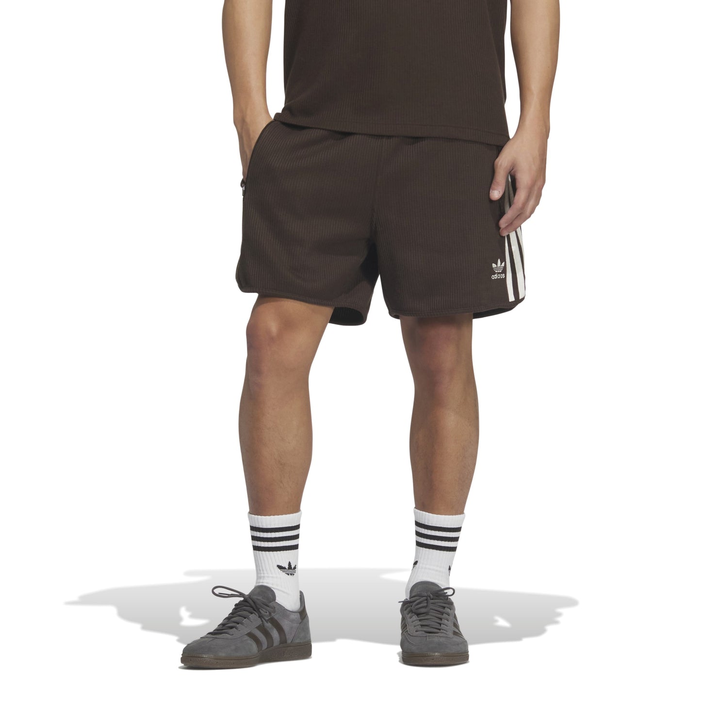 adidas Originals Waffle Shorts Dark Brown waffle knit shorts elastic waistband drawstring adidas logo casual apparel
