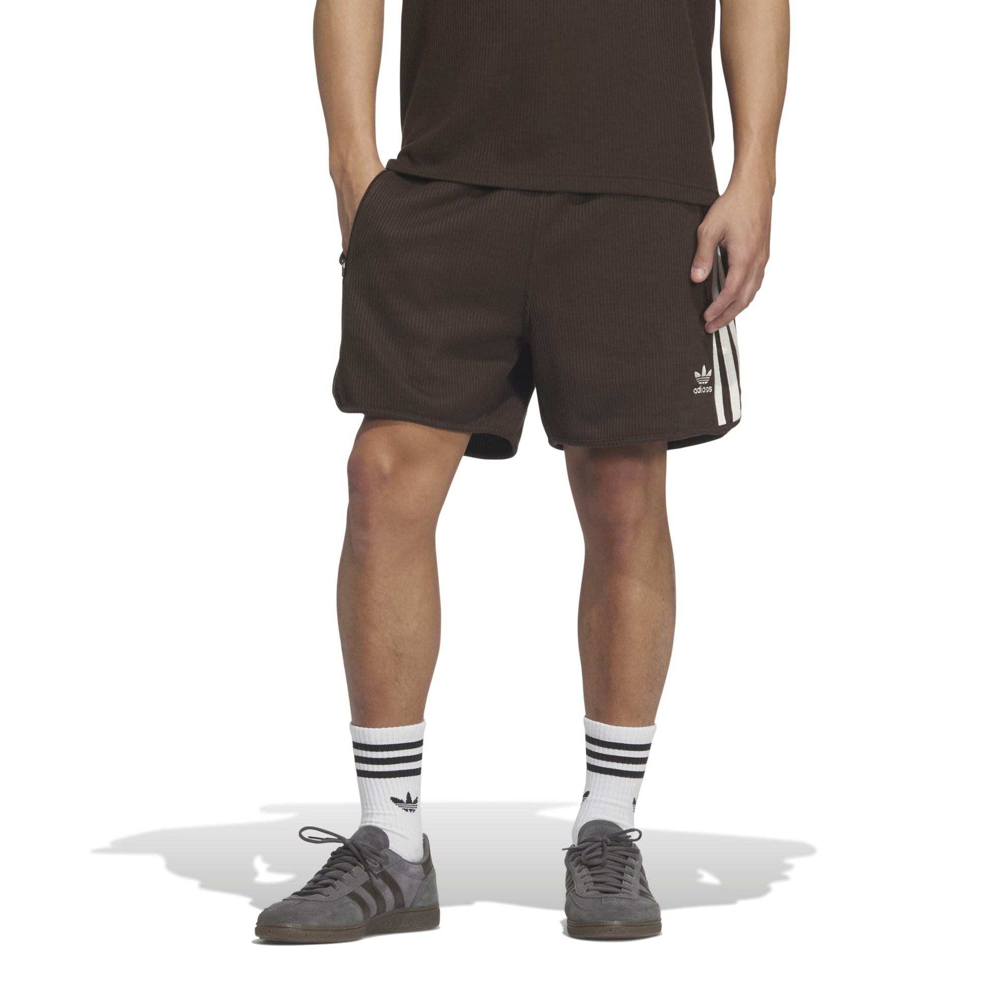 adidas Originals Waffle Shorts Dark Brown waffle knit shorts elastic waistband drawstring adidas logo casual apparel