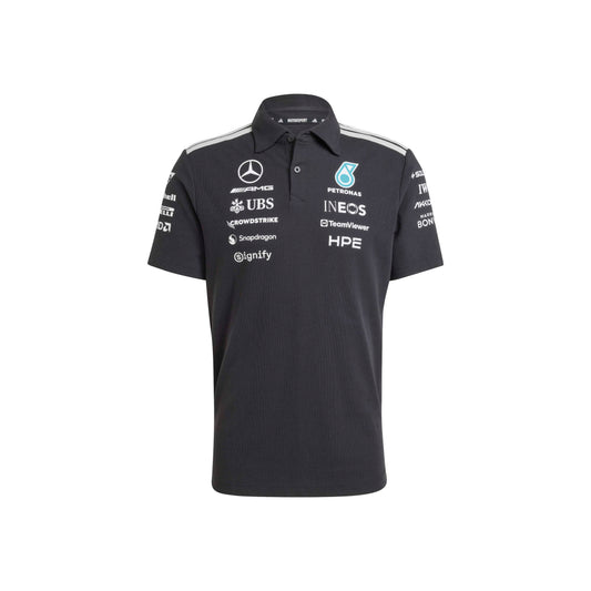 adidas Mercedes-AMG Petronas Formula One Team Engineer Polo SS26 Black White with official sponsor logos and classic polo collar