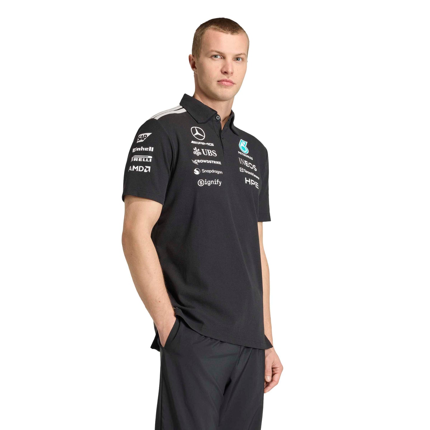 adidas Mercedes-AMG Petronas Formula One Team Engineer Polo SS26 Black White with official sponsor logos and classic polo collar