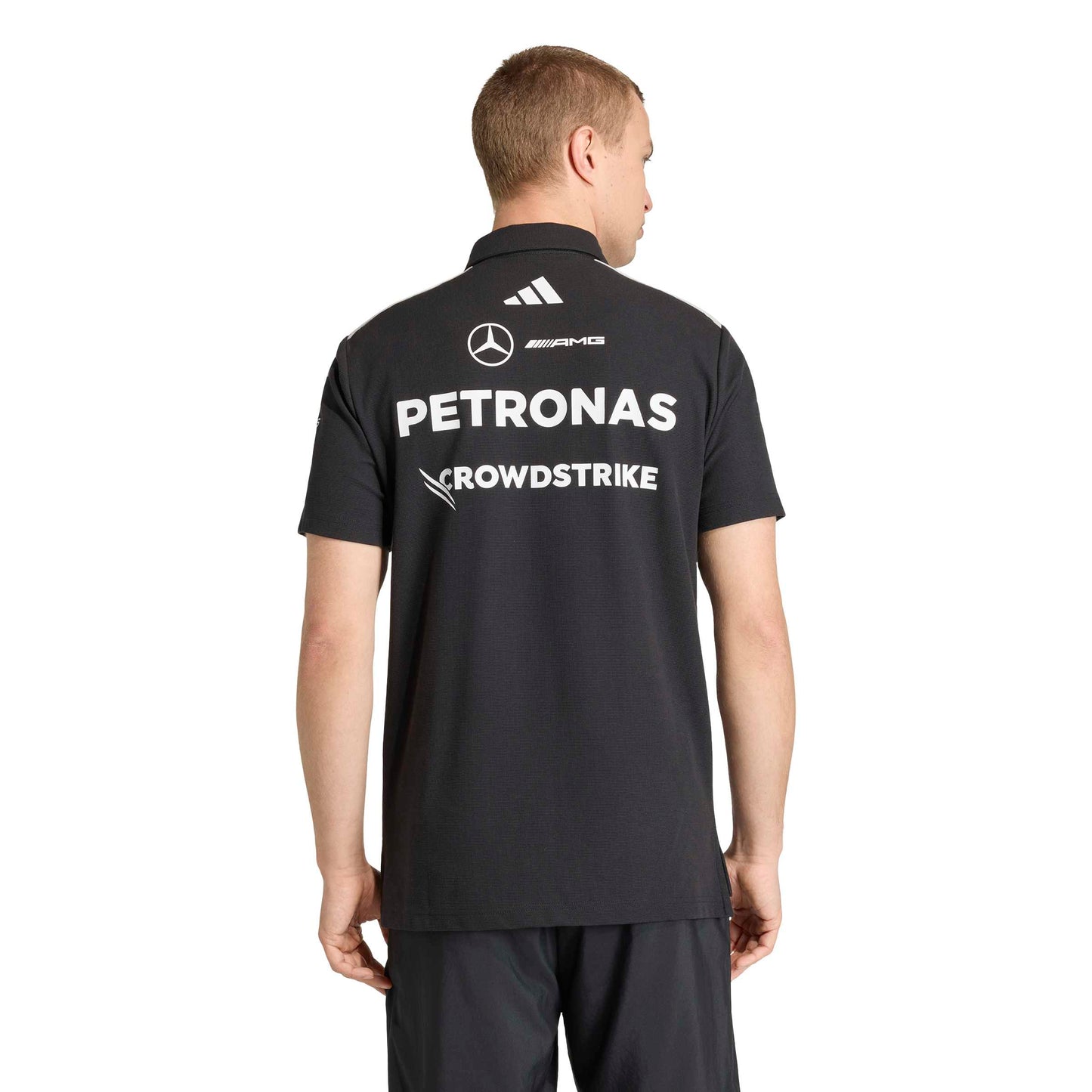 adidas Mercedes-AMG Petronas Formula One Team Engineer Polo SS26 Black White with official sponsor logos and classic polo collar