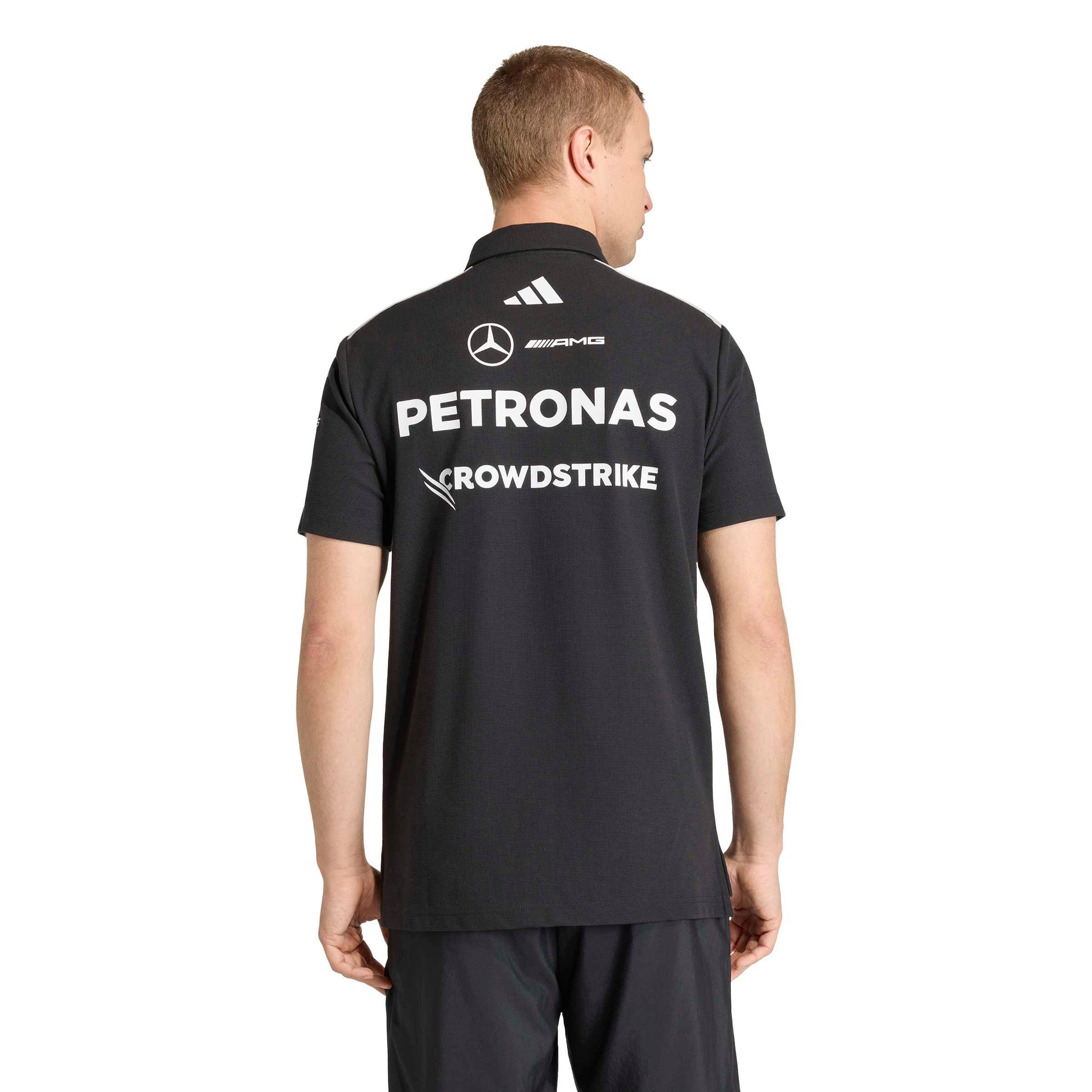 adidas Mercedes-AMG Petronas Formula One Team Engineer Polo SS26 Black White with official sponsor logos and classic polo collar