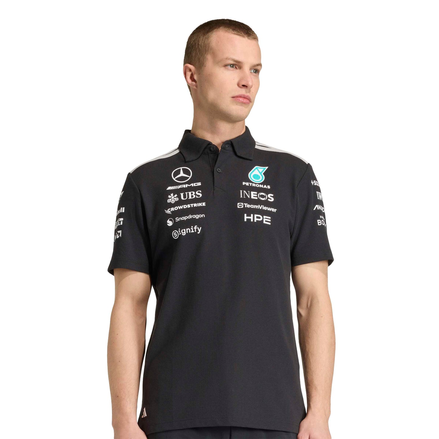 adidas Mercedes-AMG Petronas Formula One Team Engineer Polo SS26 Black White with official sponsor logos and classic polo collar