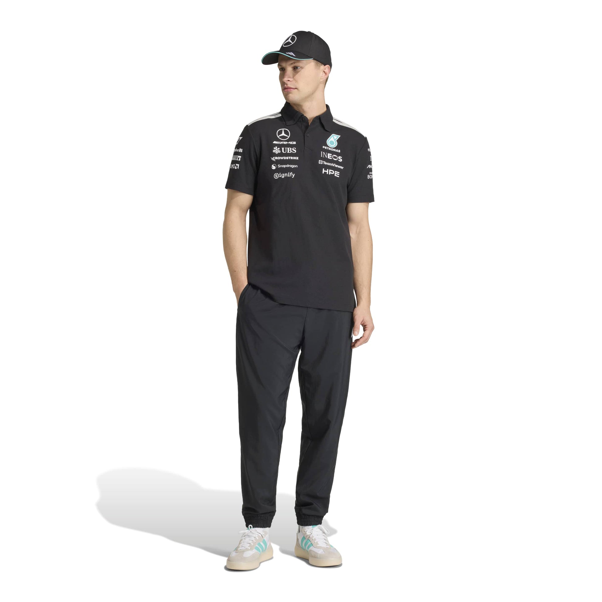 adidas Mercedes-AMG Petronas Formula One Team Engineer Polo SS26 Black White with official sponsor logos and classic polo collar