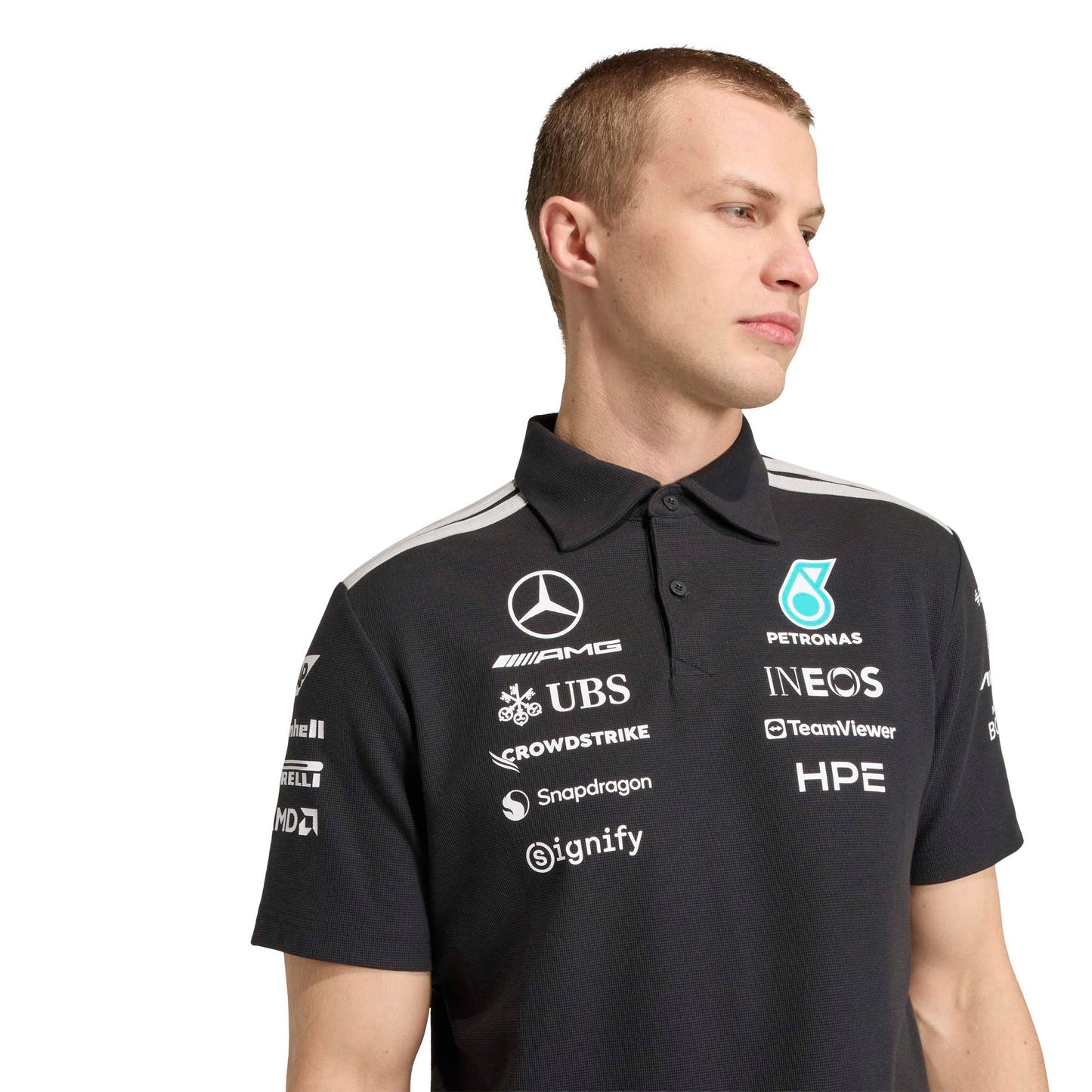 adidas Mercedes-AMG Petronas Formula One Team Engineer Polo SS26 Black White with official sponsor logos and classic polo collar