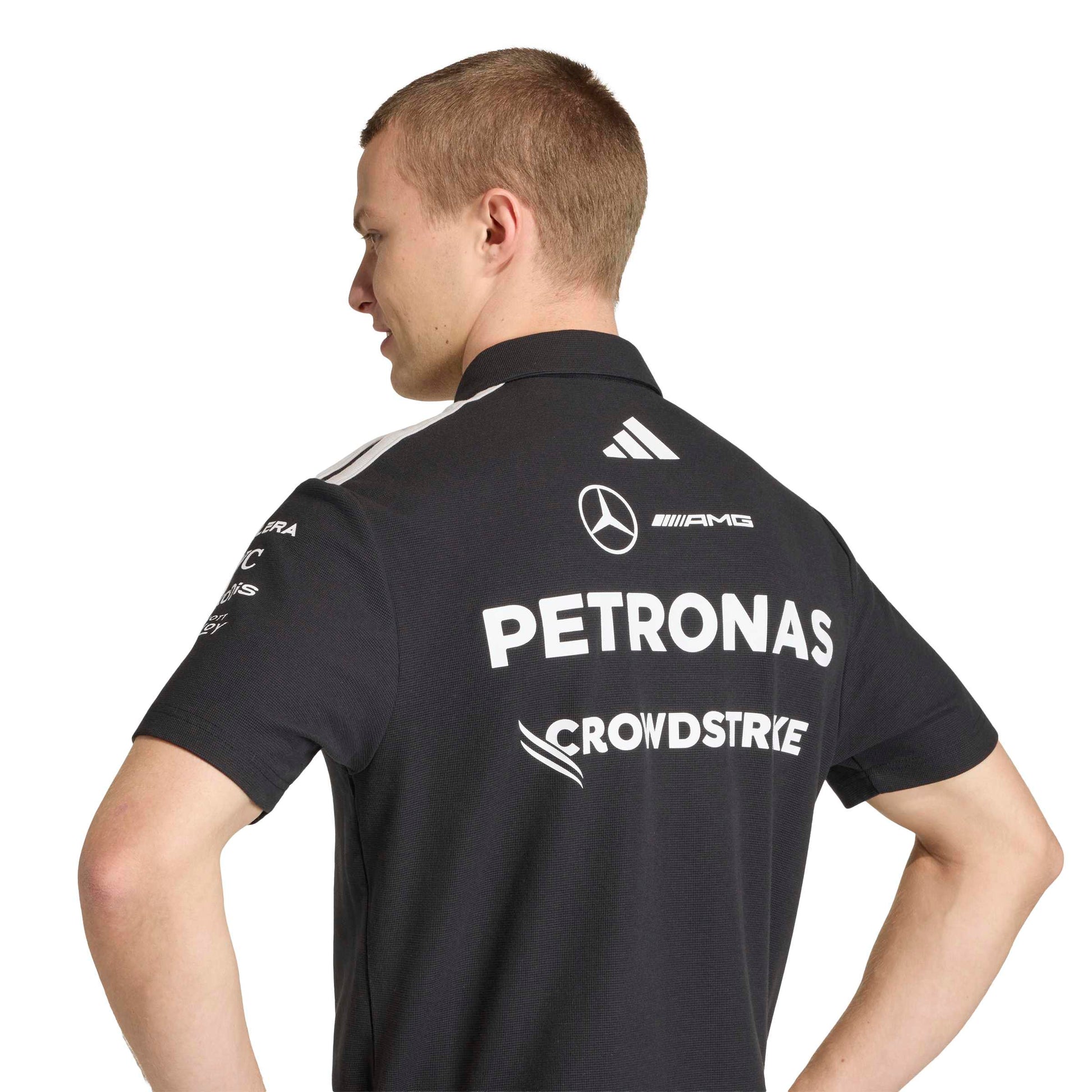 adidas Mercedes-AMG Petronas Formula One Team Engineer Polo SS26 Black White with official sponsor logos and classic polo collar