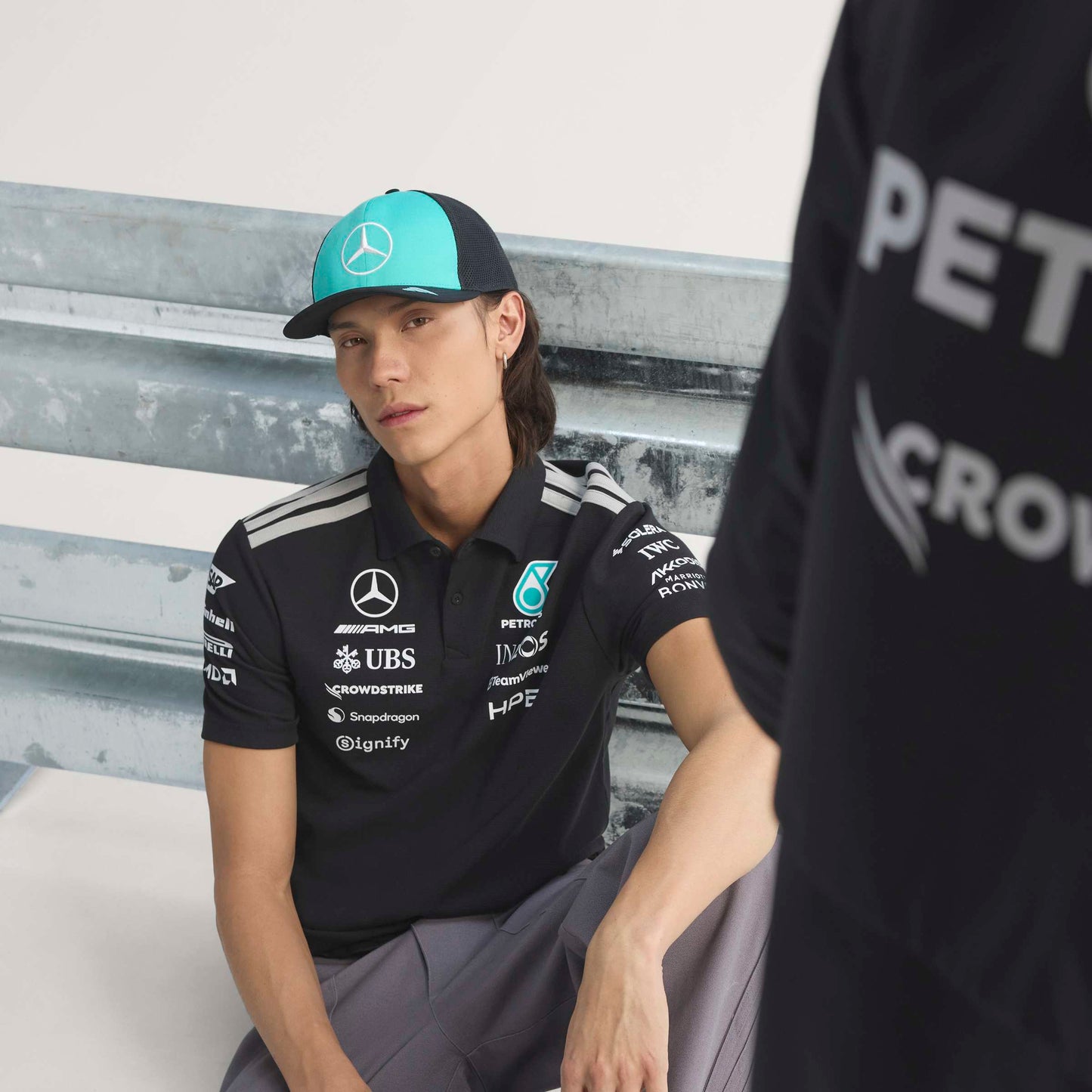 adidas Mercedes-AMG Petronas Formula One Team Engineer Polo SS26 Black White with official sponsor logos and classic polo collar