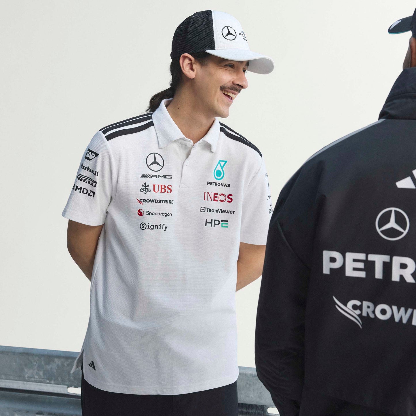 adidas Mercedes-AMG Petronas Formula One Team Engineer Polo SS26 White Black with official sponsor logos and classic polo collar