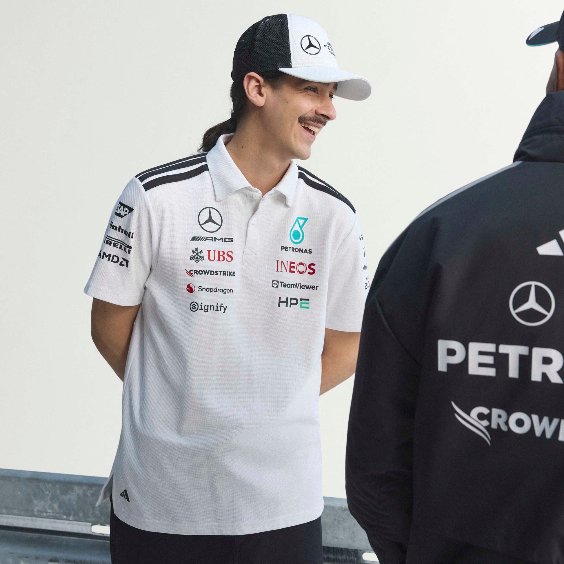 adidas Mercedes-AMG Petronas Formula One Team Engineer Polo SS26 White Black with official sponsor logos and classic polo collar