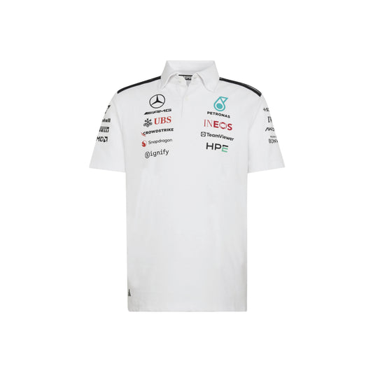 adidas Mercedes-AMG Petronas Formula One Team Engineer Polo SS26 White Black with official sponsor logos and classic polo collar