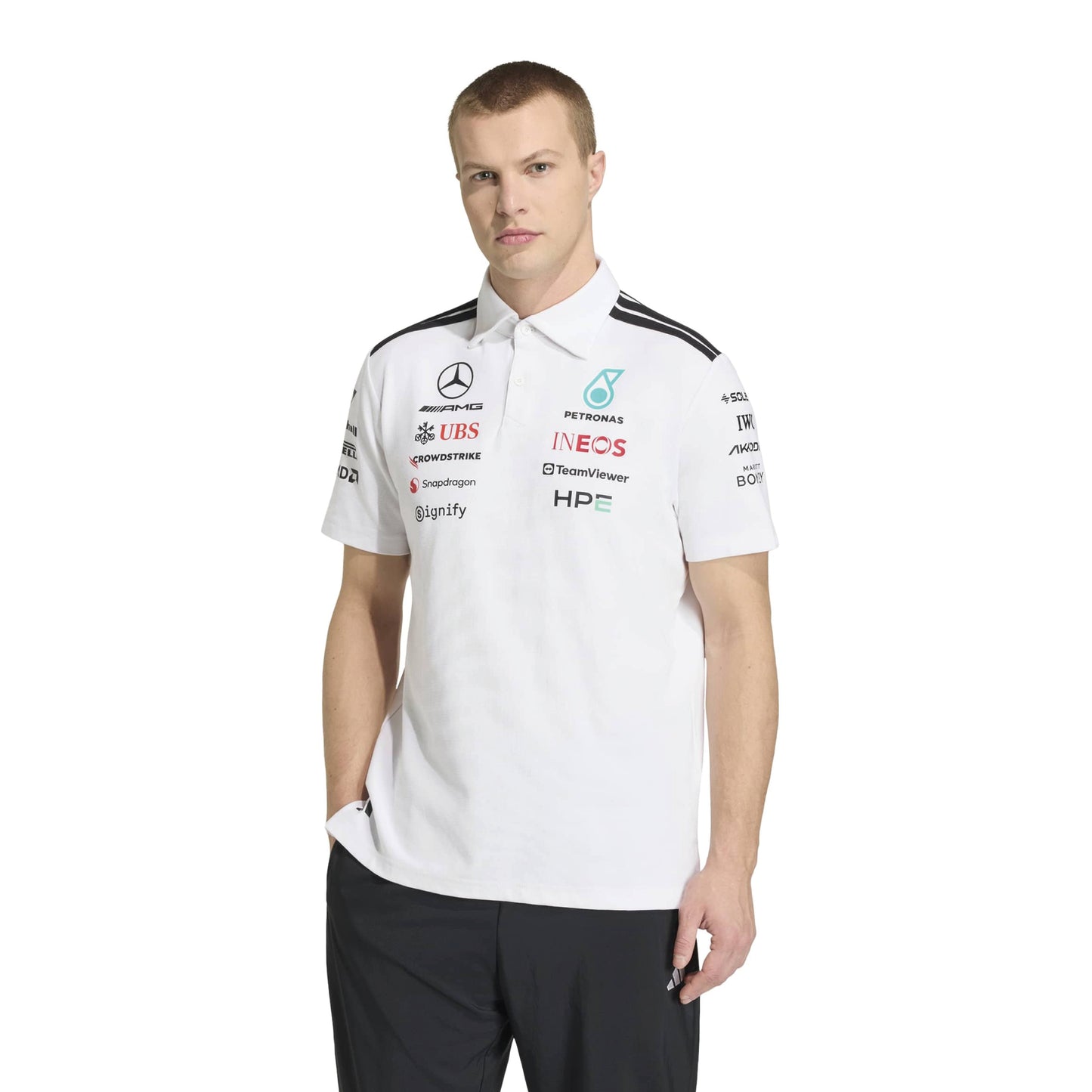 adidas Mercedes-AMG Petronas Formula One Team Engineer Polo SS26 White Black with official sponsor logos and classic polo collar